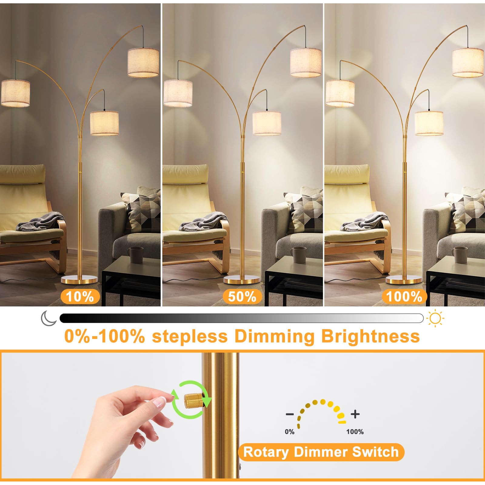 Dllt Modern Floor Lamp For Room: 3-Light Gold Tree Dimmable Floor Lamps With Beige Shades For Living Room - Arc Standing Lamp Fo