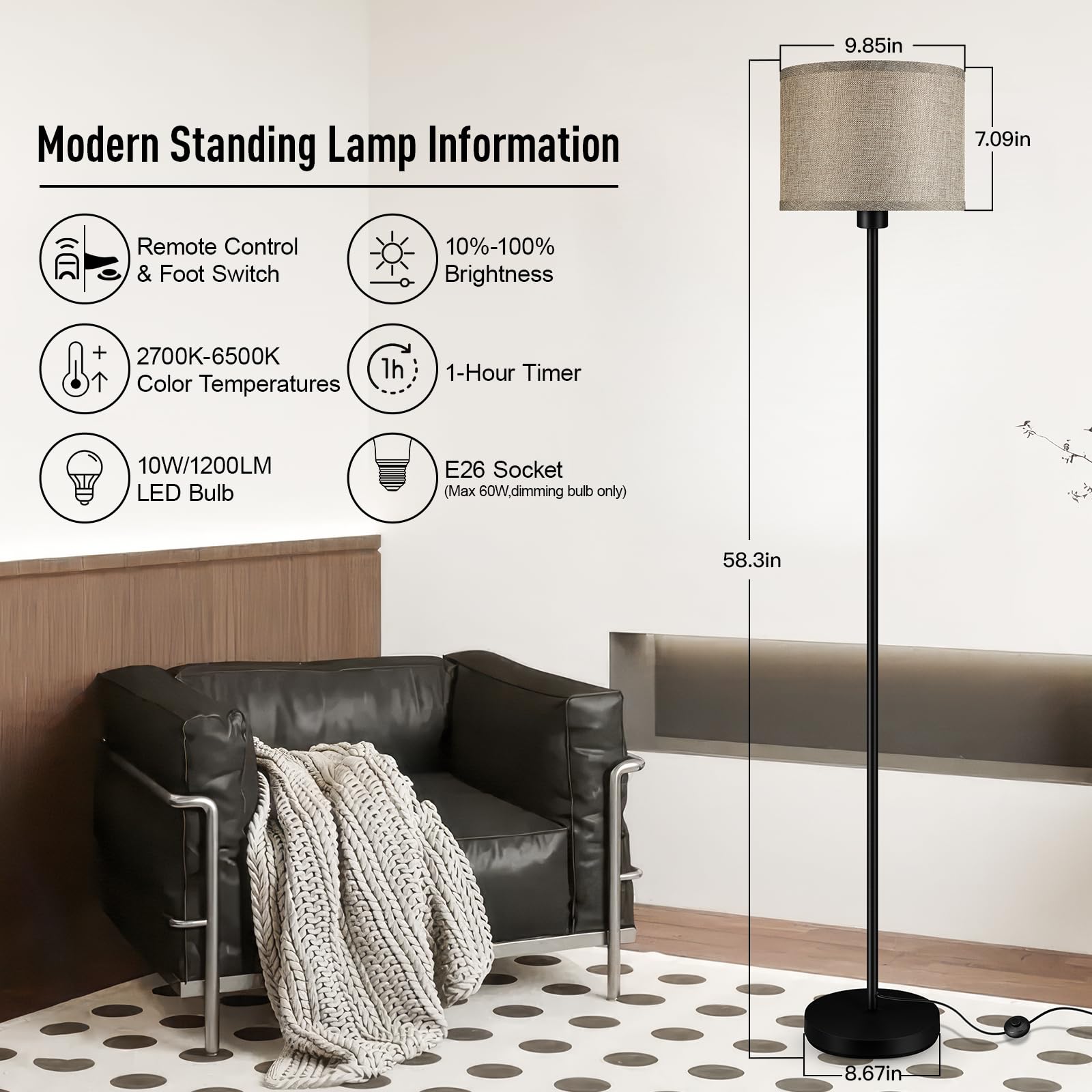 Bricosmocon Floor Lamp, Stepless Dimmable LED, 10W/1200LM, 2700K-6500K, Jute, Model B1186