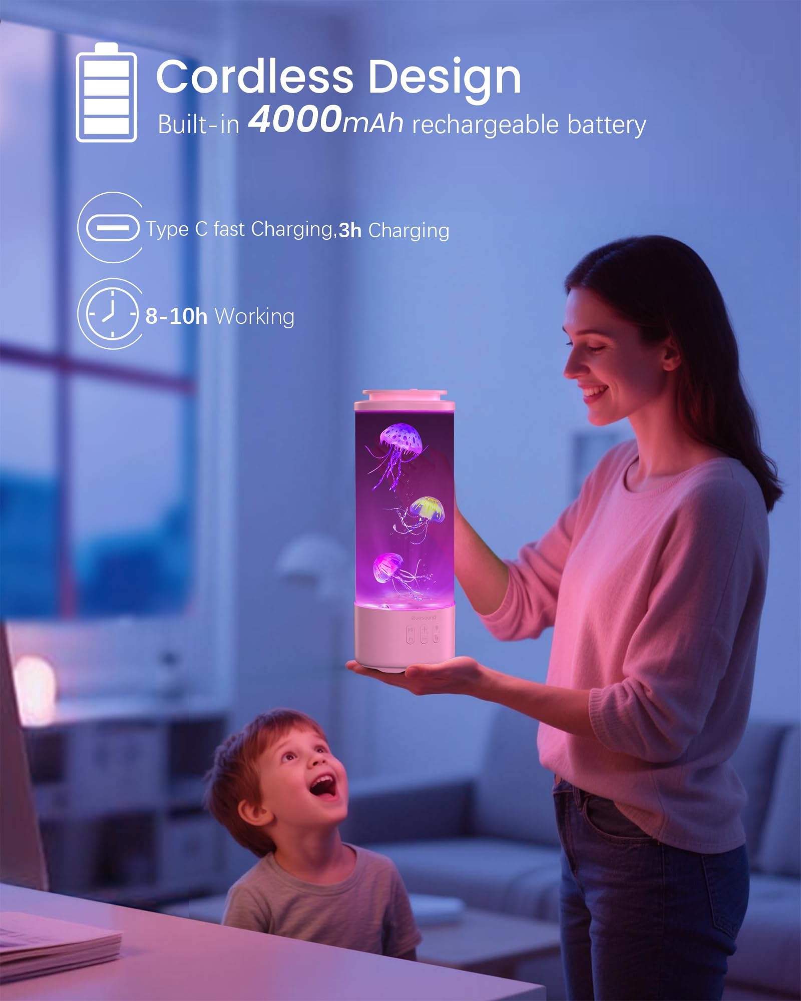 Eyesound Jellyfish Lamp Bluetooth Speaker With White Noise - 7 Color Changing Jelly Fish Tank Aquarium Light, 4 Lighting Modes F