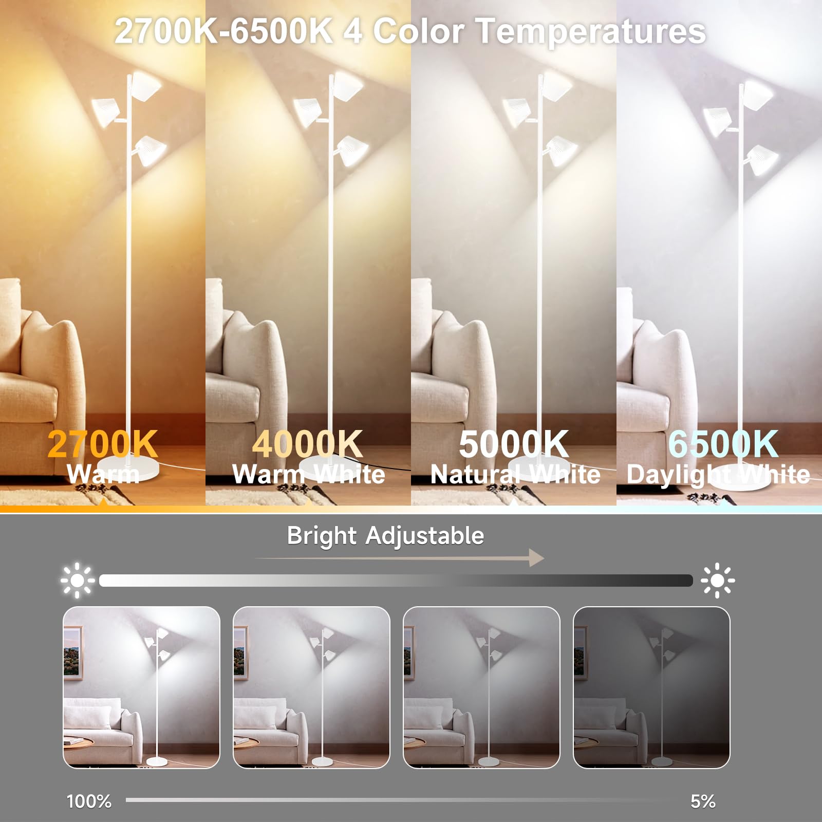 Pesken White 42W Tree Floor Lamp, Super Bright Led Standing Lamp With Remote, Modern Dimmable Floor Lamps,Individual Control, Ro