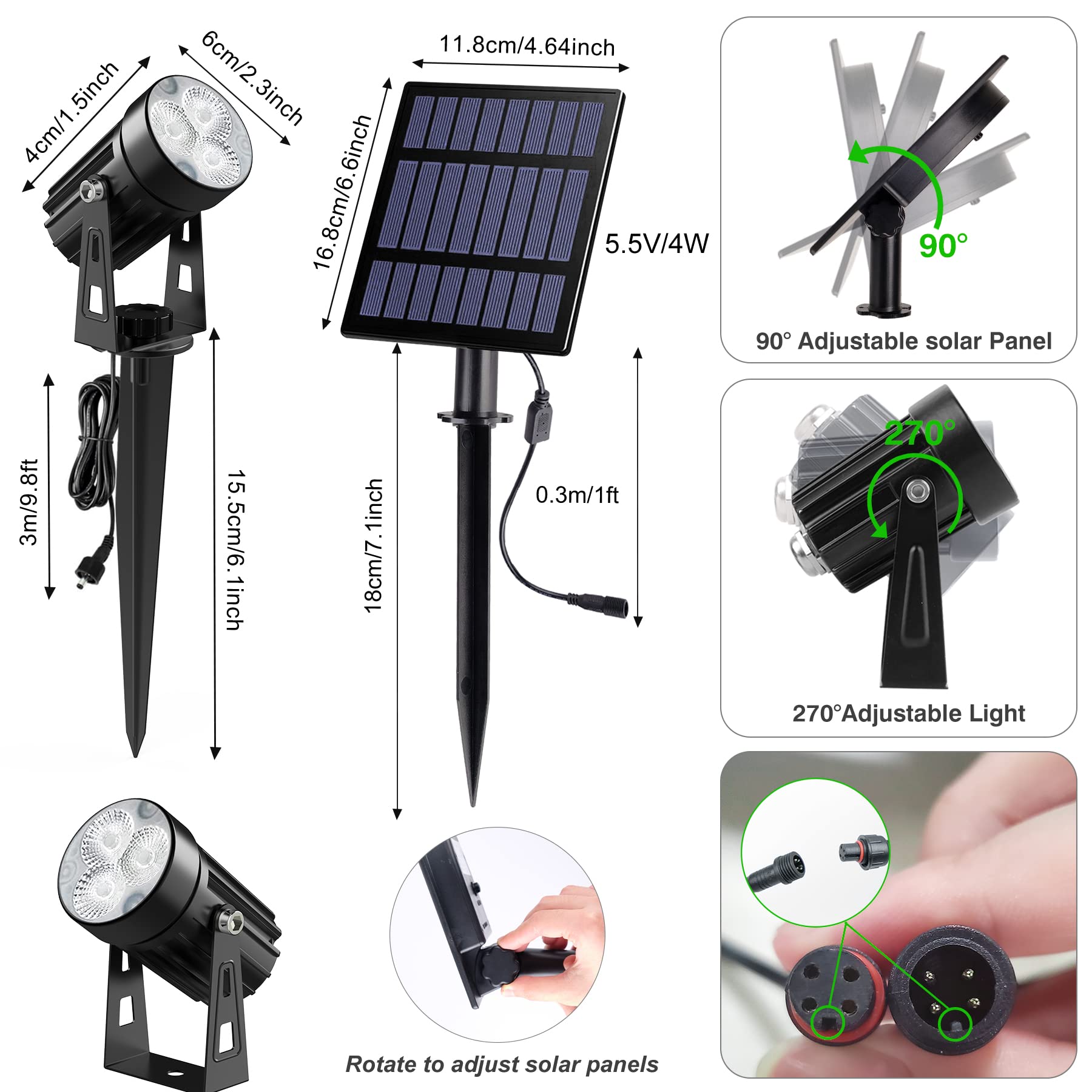 Crepow Solar Spot Lights Outdoor, 3-In-1 Solar Garden Spotlights Ip65 Waterproof 9.8Ft Cable, 5W 4000Mah Separated Solar Panel,