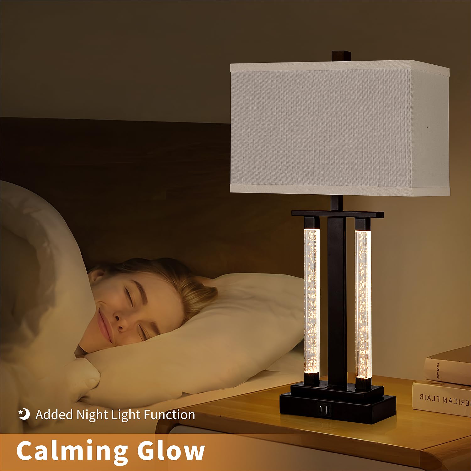 Lovlast Modern Table Lamps Set of 2 - 23" Black Bedside Lamps with 3-Way Lighting, USB Charging Port, 2 Bulbs Included, Model HD-TB1211