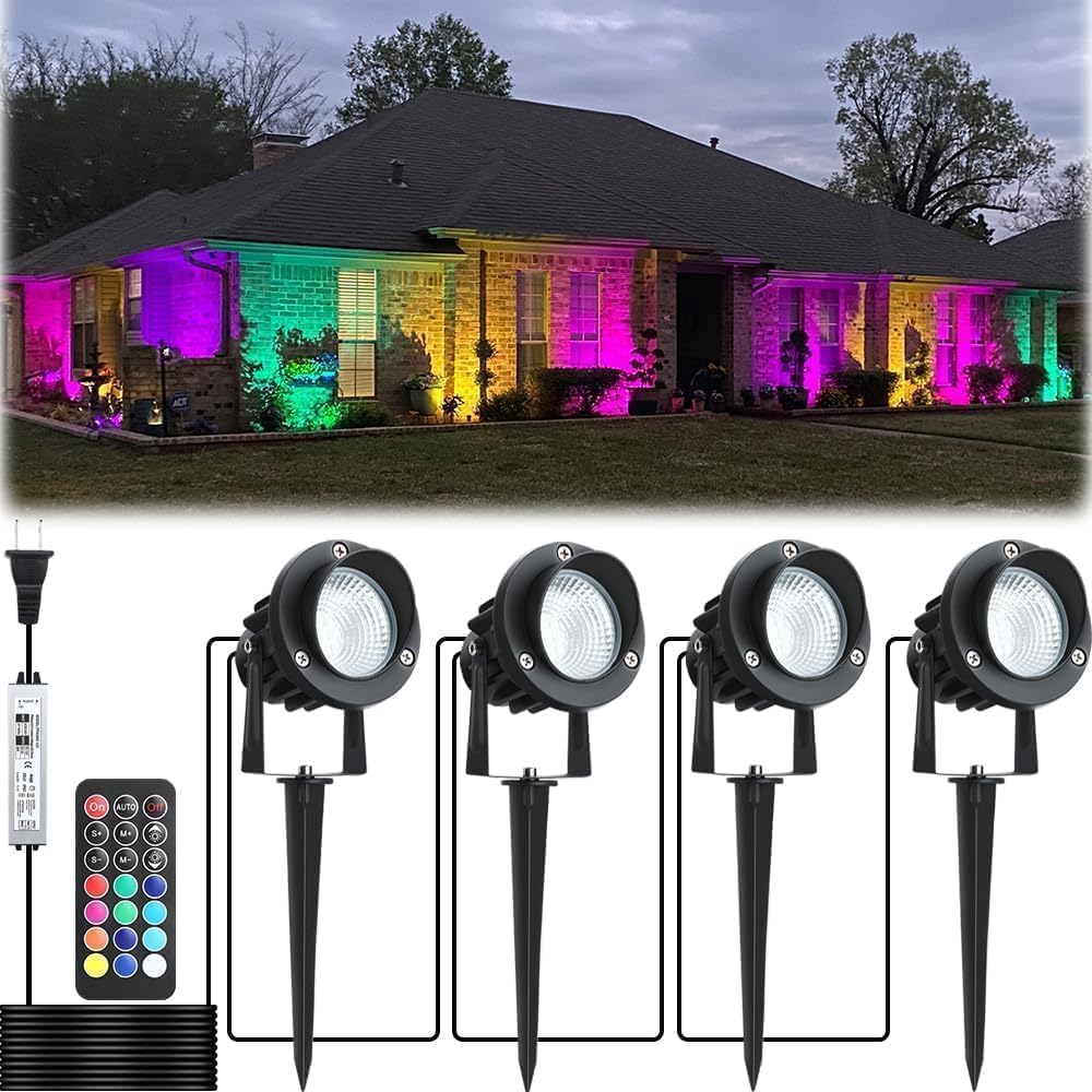 20W Spotlights Outdoor, 120V 1000Lm Rgb Led Spot Lights Outdoor With Transformer & Remote, 12 Colors 19 Modes, Ip65 Waterproof 46.5Ft Cord Outdoor Landscape Lights For Yard Garden, Ul Listed, 4 Pack