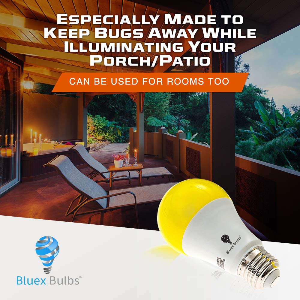 BlueX A19 Amber Yellow LED Bug Light Bulb - 2-Pack, 650 Lumens, 9.5W (60W Replacement), E26 Base, Outdoor Use