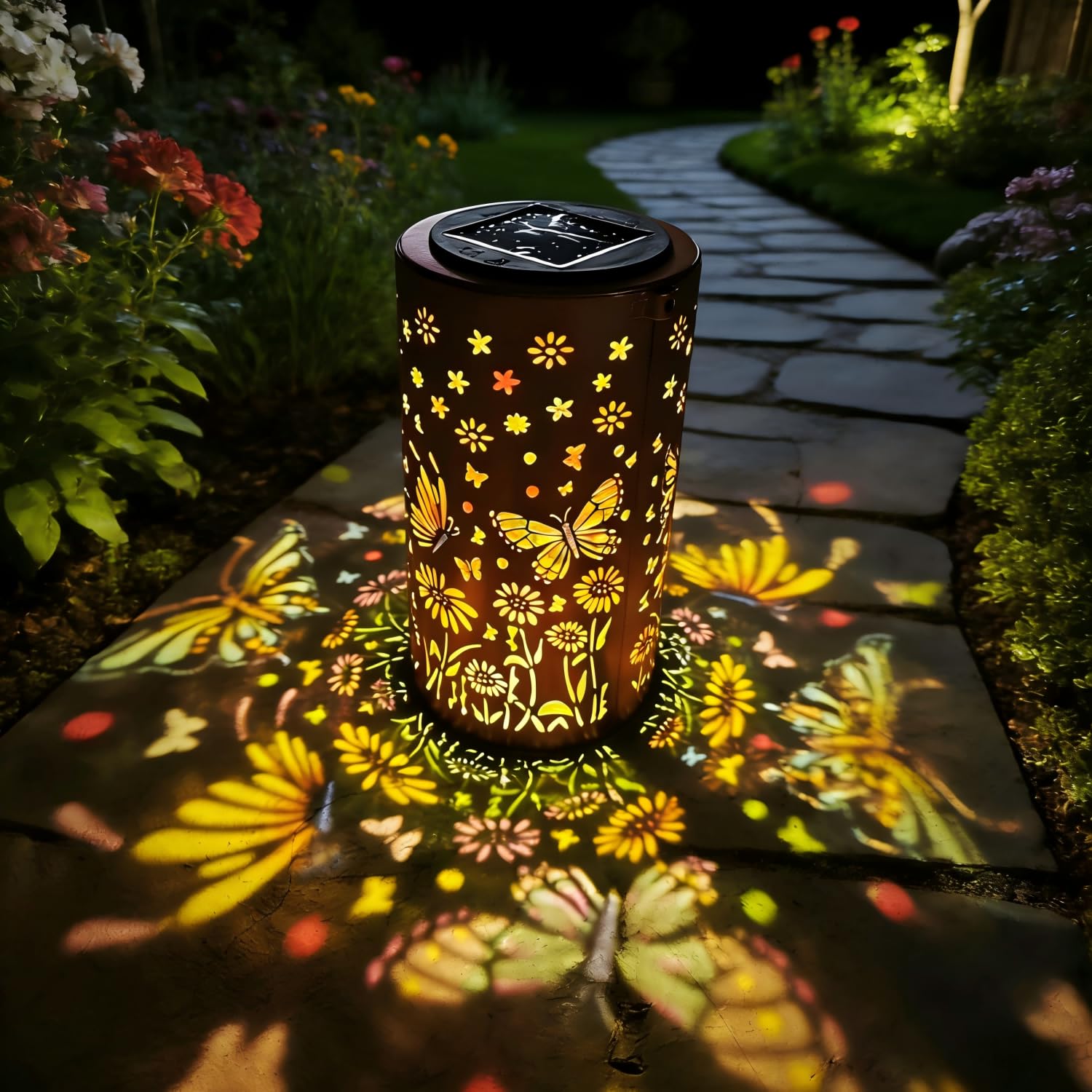 Colorful Butterfly Solar Lanterns,Outdoor Waterproof Hanging Hollow Projection Garden Light,Vintage Metal Decorative Lamp for Pa