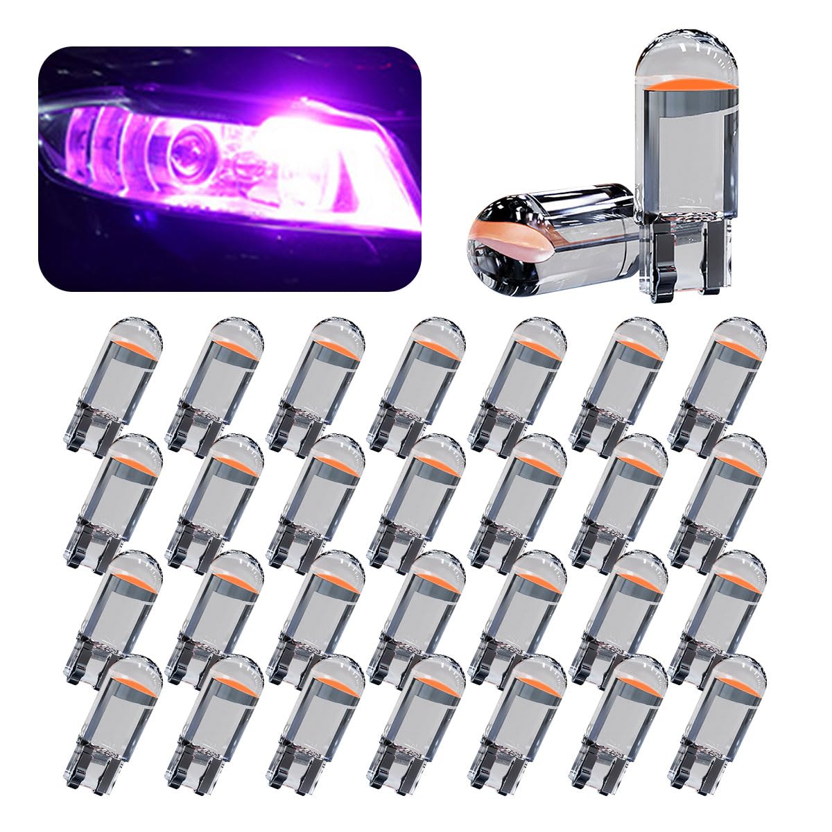 Joycourt 30-Pack Led Light Bulbs, 12V T10 6000K, Pink Wedge Cob Replacement For Dashboard, Dome, Sign, And License Plate Lights