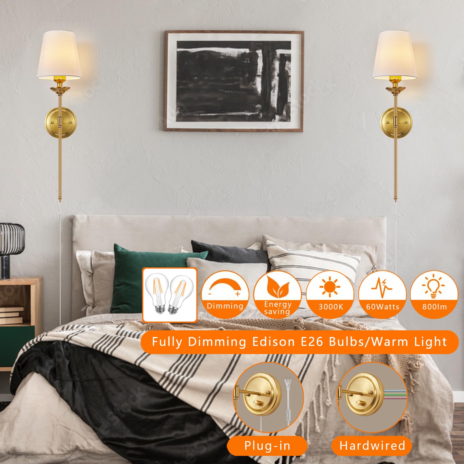 femusytt Dimmable Wall Sconces Set of Two, 6.5FT Cord, Brushed Brass, Mid Century Modern, Plug in/Hardwire, Gold, Model FE-MUS