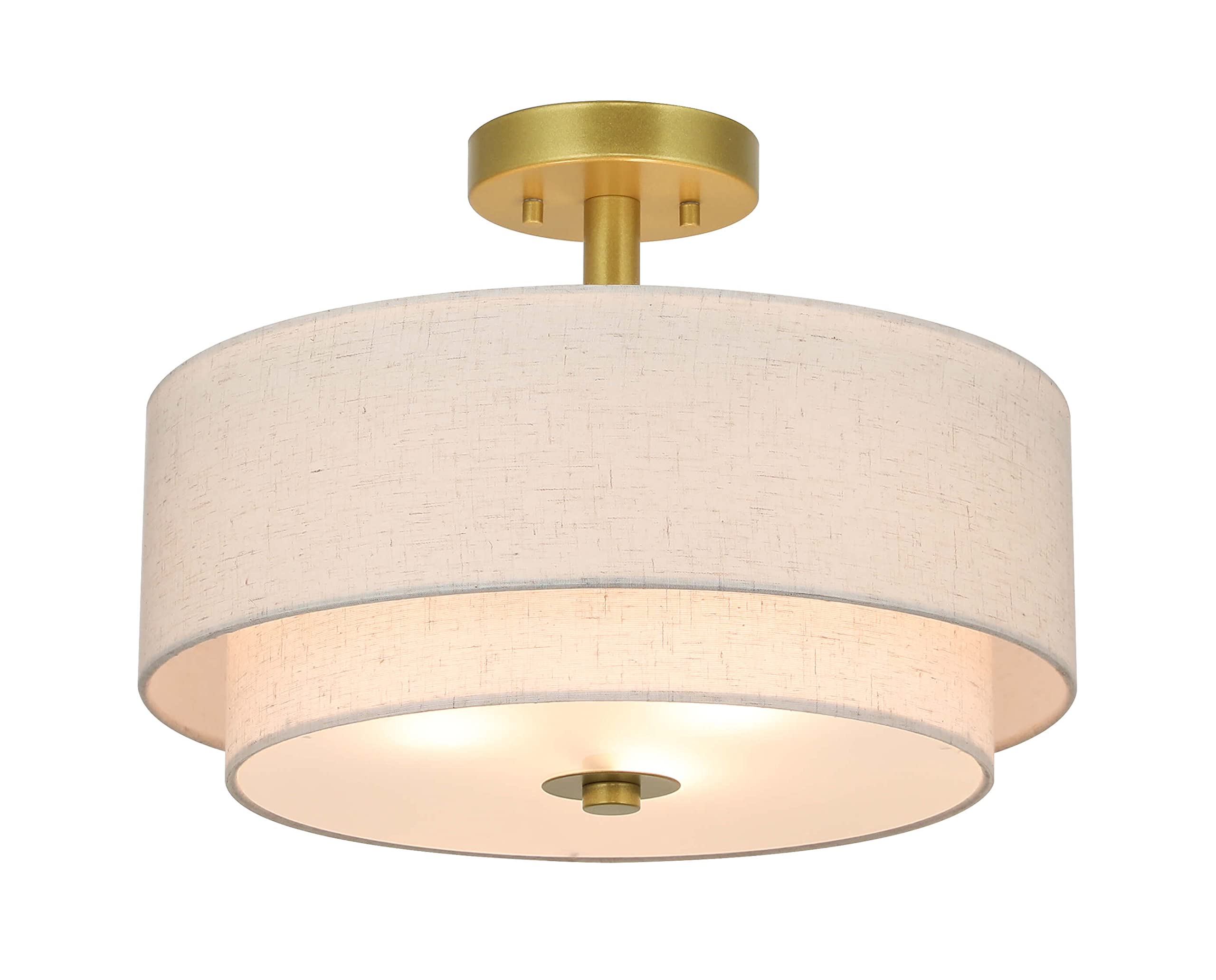 XiNBEi Lighting 3 Light Semi Flush Mount Light, Close to Ceiling Light Fixture with Fabric Shade Retro Gold Brass 16 inch Semi F