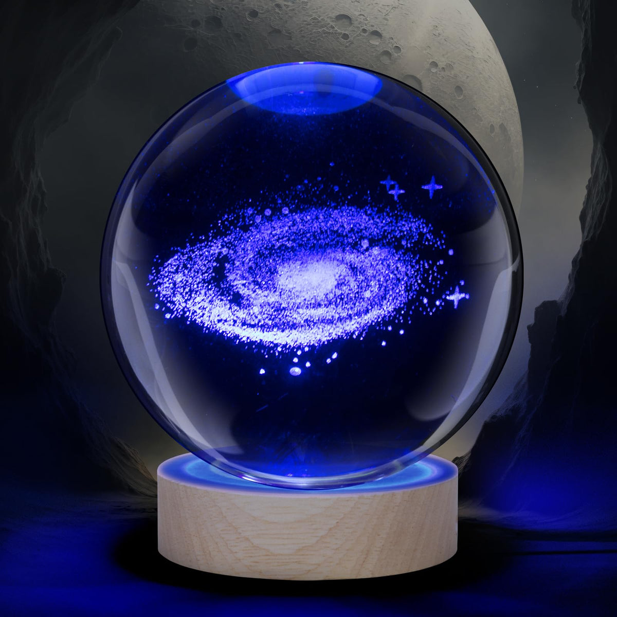 ZQAOFKC Large 3D Galactic System Crystal Ball Lamp, 3.15 inch Crystal Lamp 7 Color Changing Night Light with Wooden Base for Bed