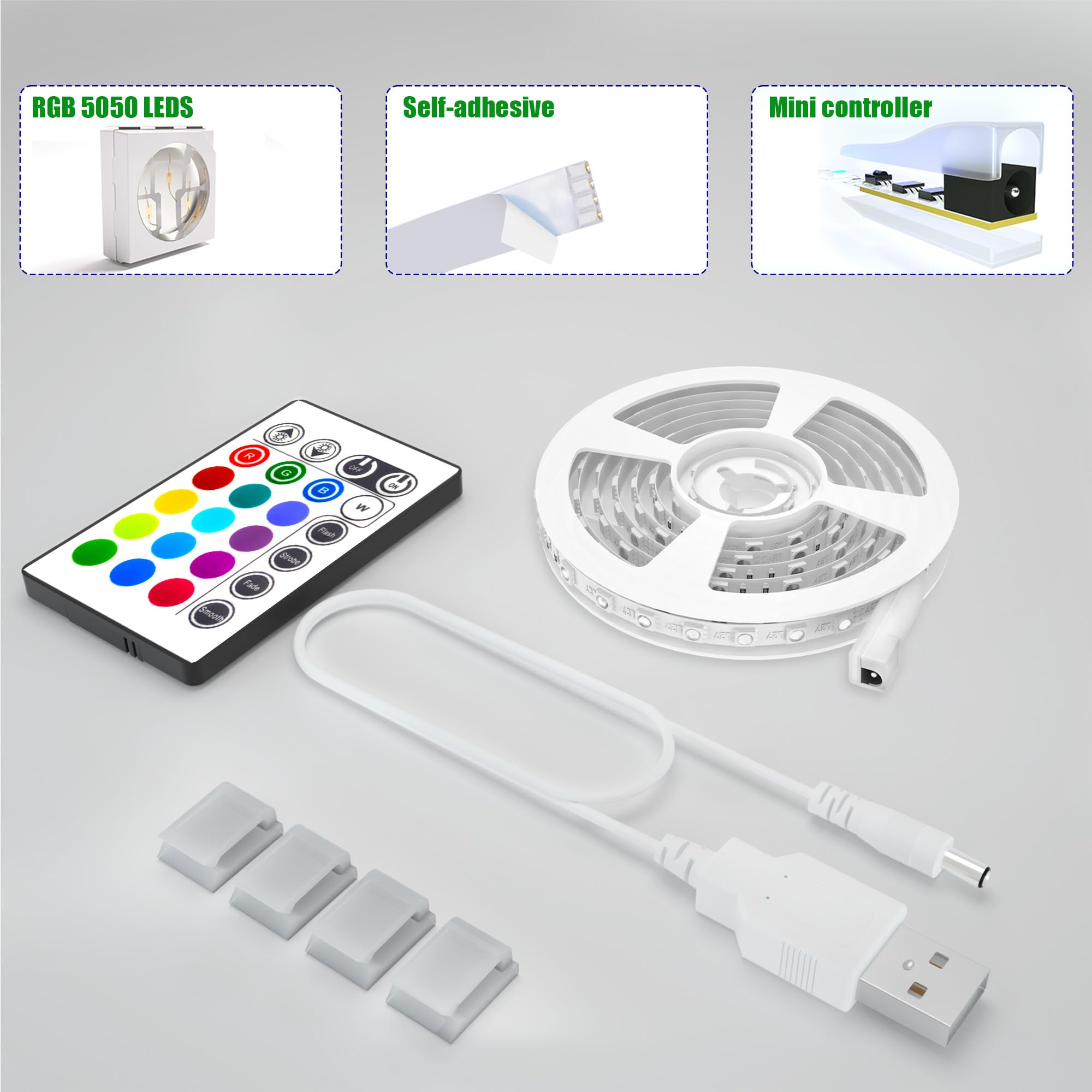 Maylit USB Powered LED Strip Lights for 40-60in TV, 8.2ft RGB Bias Lighting with Remote, Plastic Material