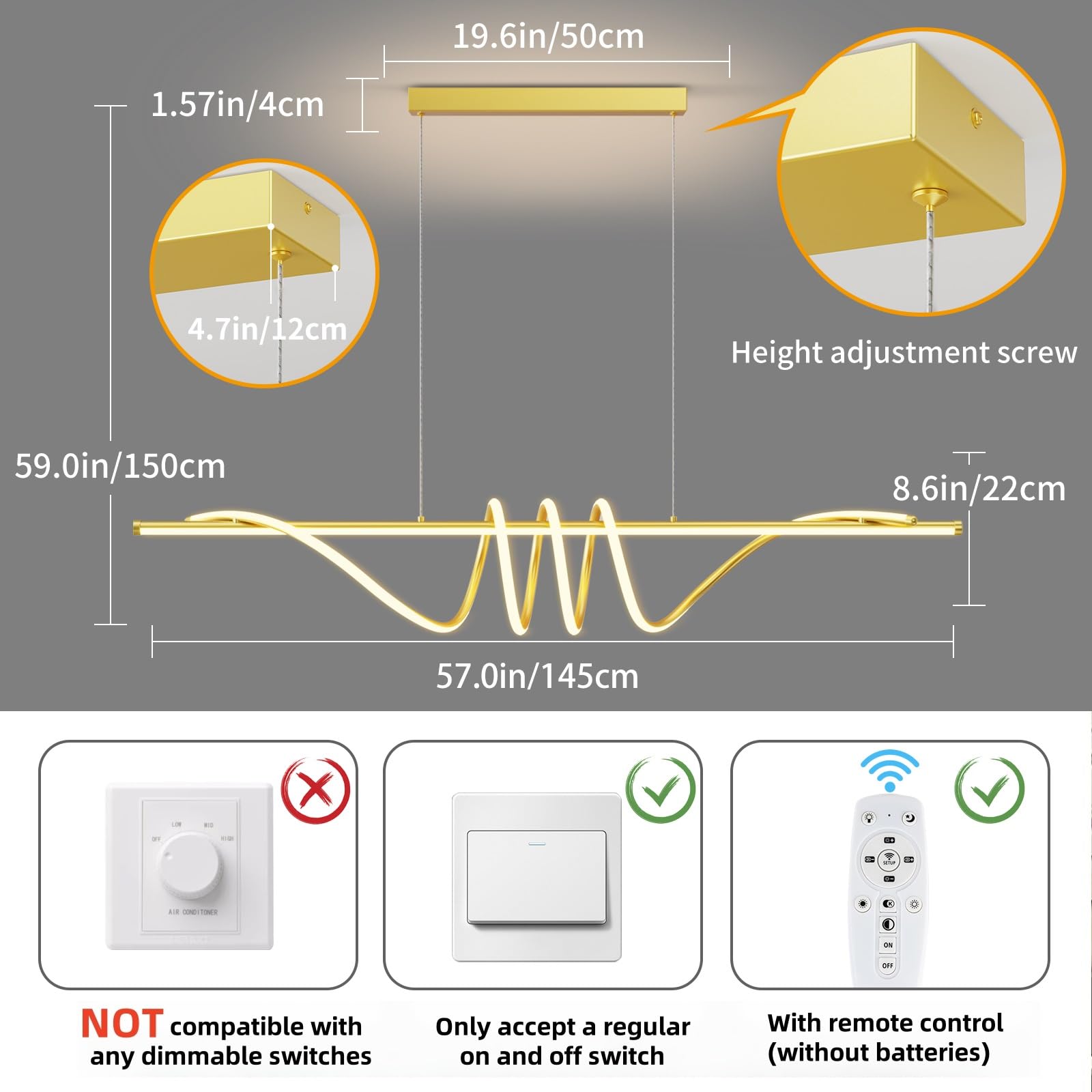 Zihoi Modern LED Pendant Light, Dimmable with Remote, 3000K-6000K, 57in Gold, Aluminum Ceiling Chandelier for Kitchen/Dining Room