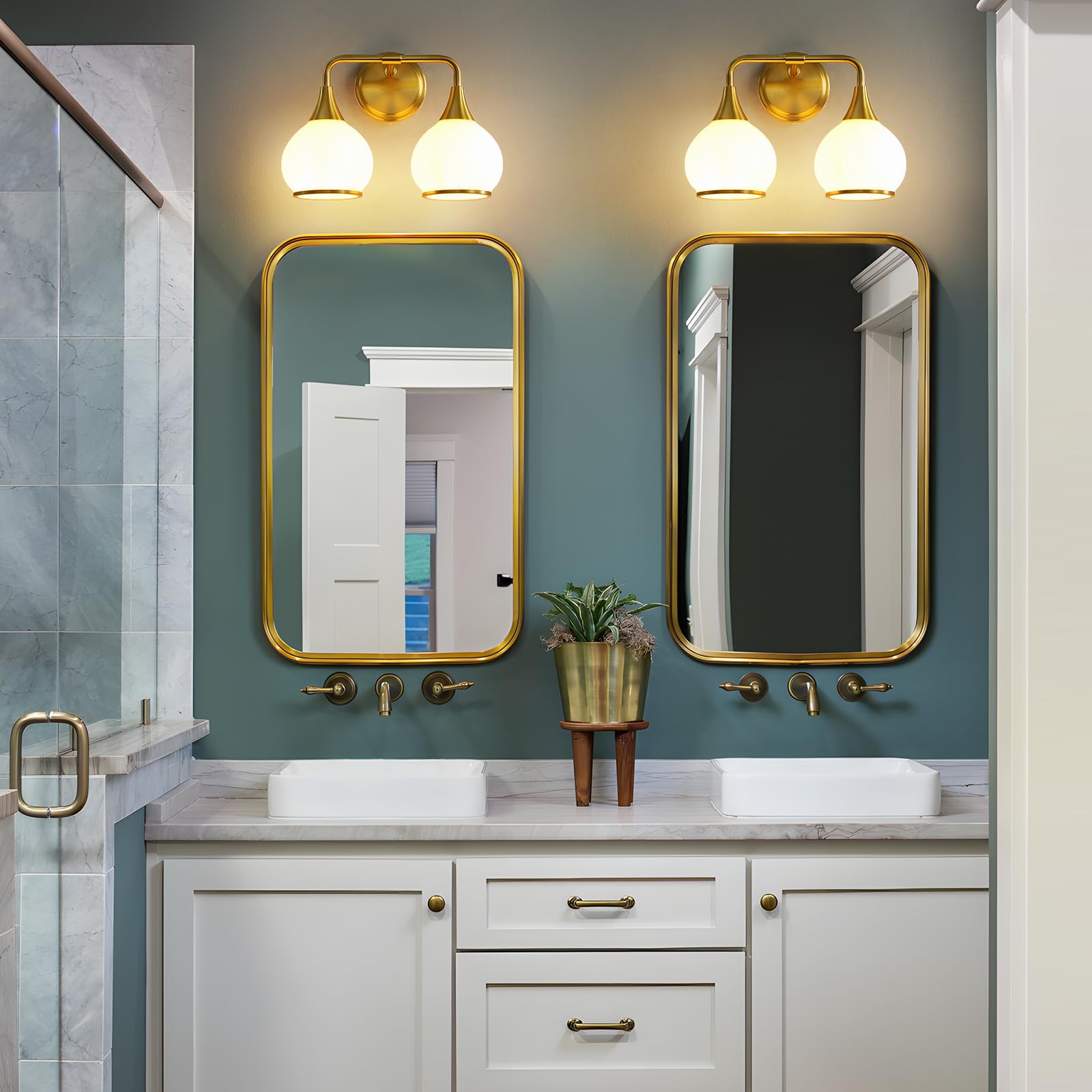 Hahzt Brushed Gold Bathroom Light Fixture, 2-Light Vanity Sconce, Milky White Frosted Glass Shade, Model 8033Ml
