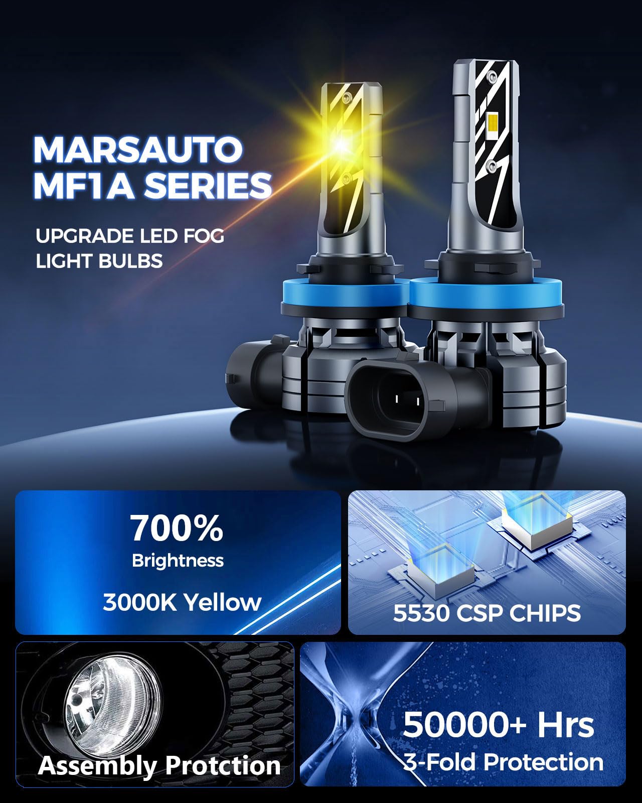 Marsauto H10/9145/9140 LED Fog Light Bulbs 14,000LM 3000K Amber Yellow