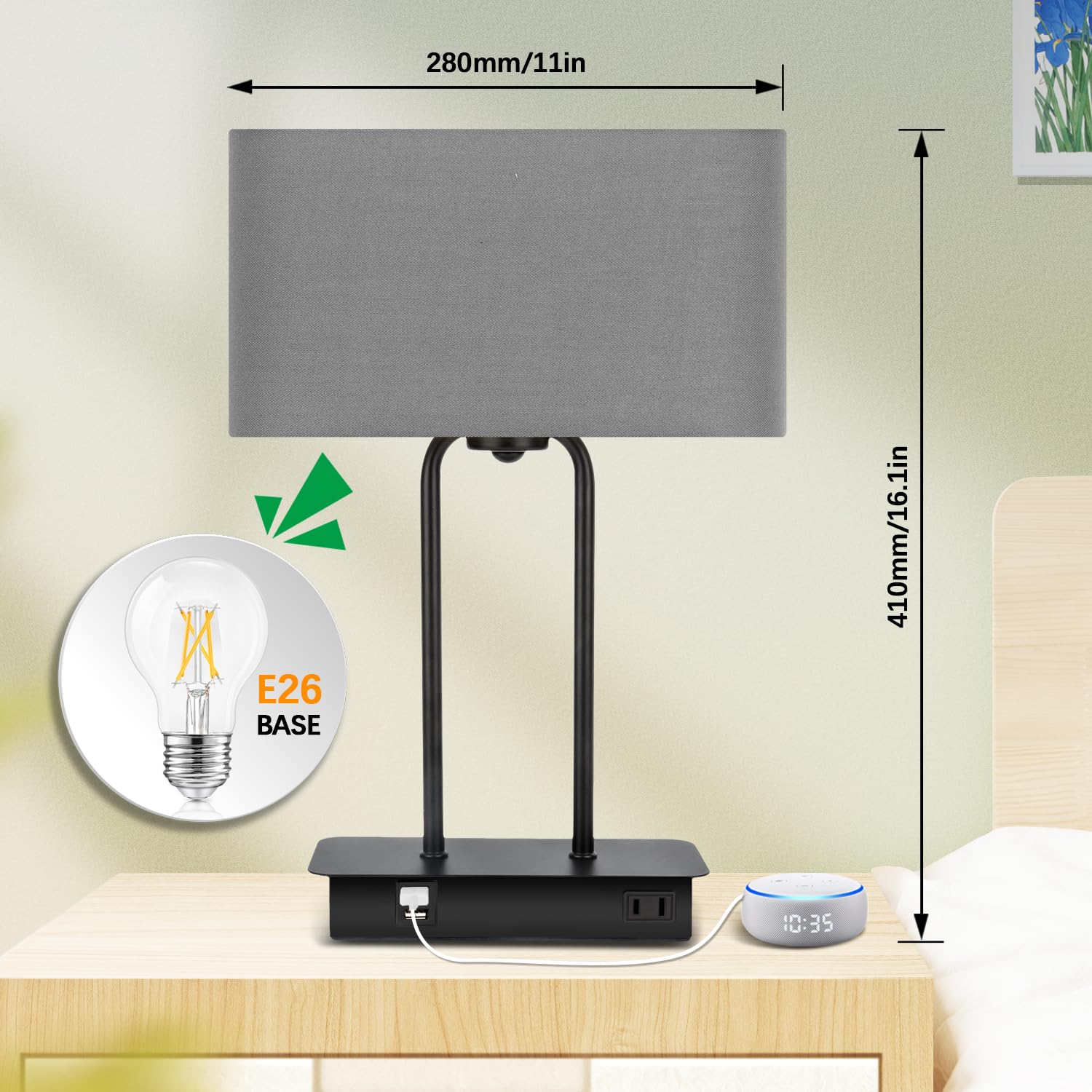 3-Way Dimmable Touch Control Table Lamp With Usb Ports And Ac Power Outlet Modern Bedside Nightstand Lamp Fabric Shade And Metal