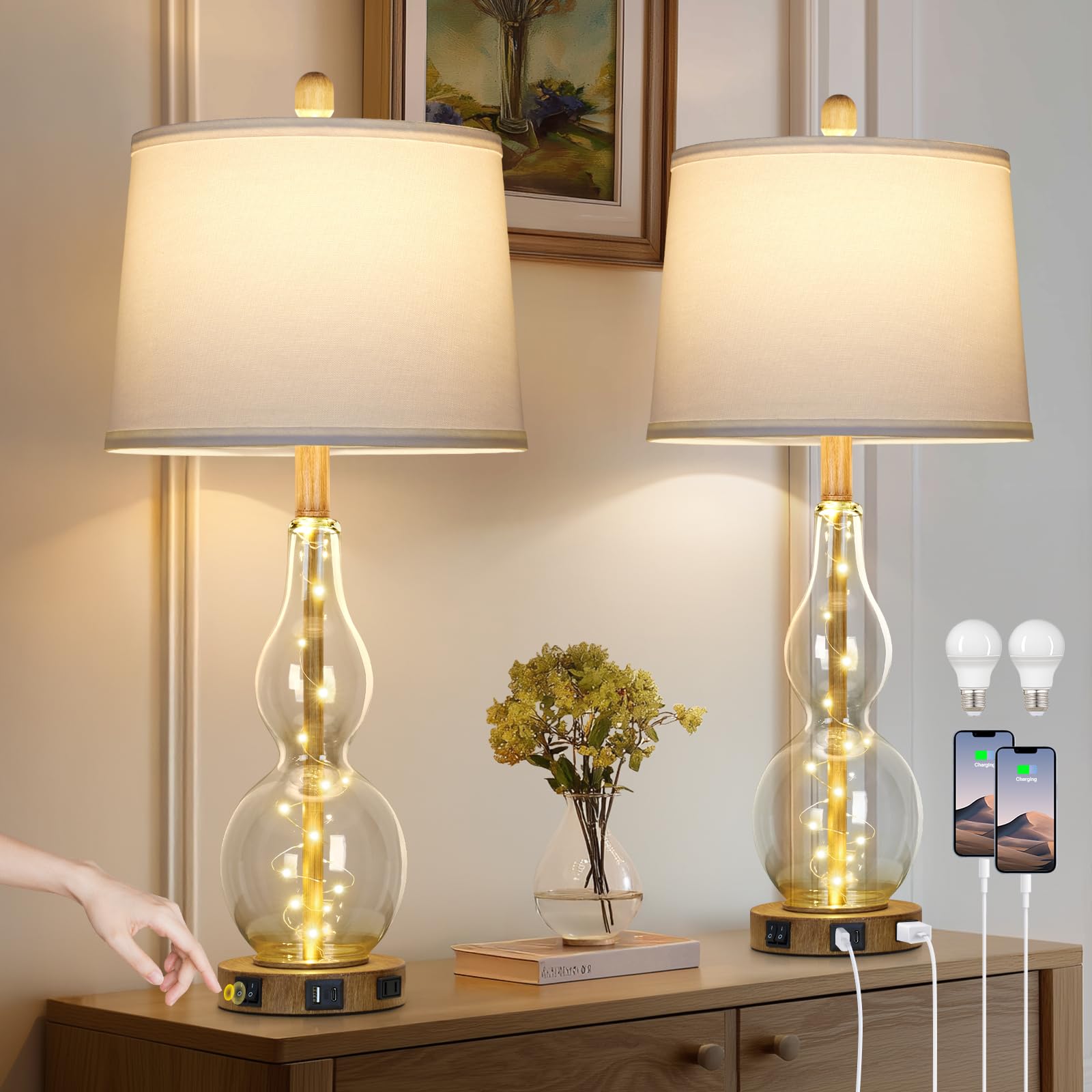 Rinweey 27.5 Clear Glass Table Lamp Set of 2 with Night Light Bedside Lamps with USB Ports and AC Outlet  Modern Nightstand Lamps Retro Farmhouse lamp for Bedroom Living Room