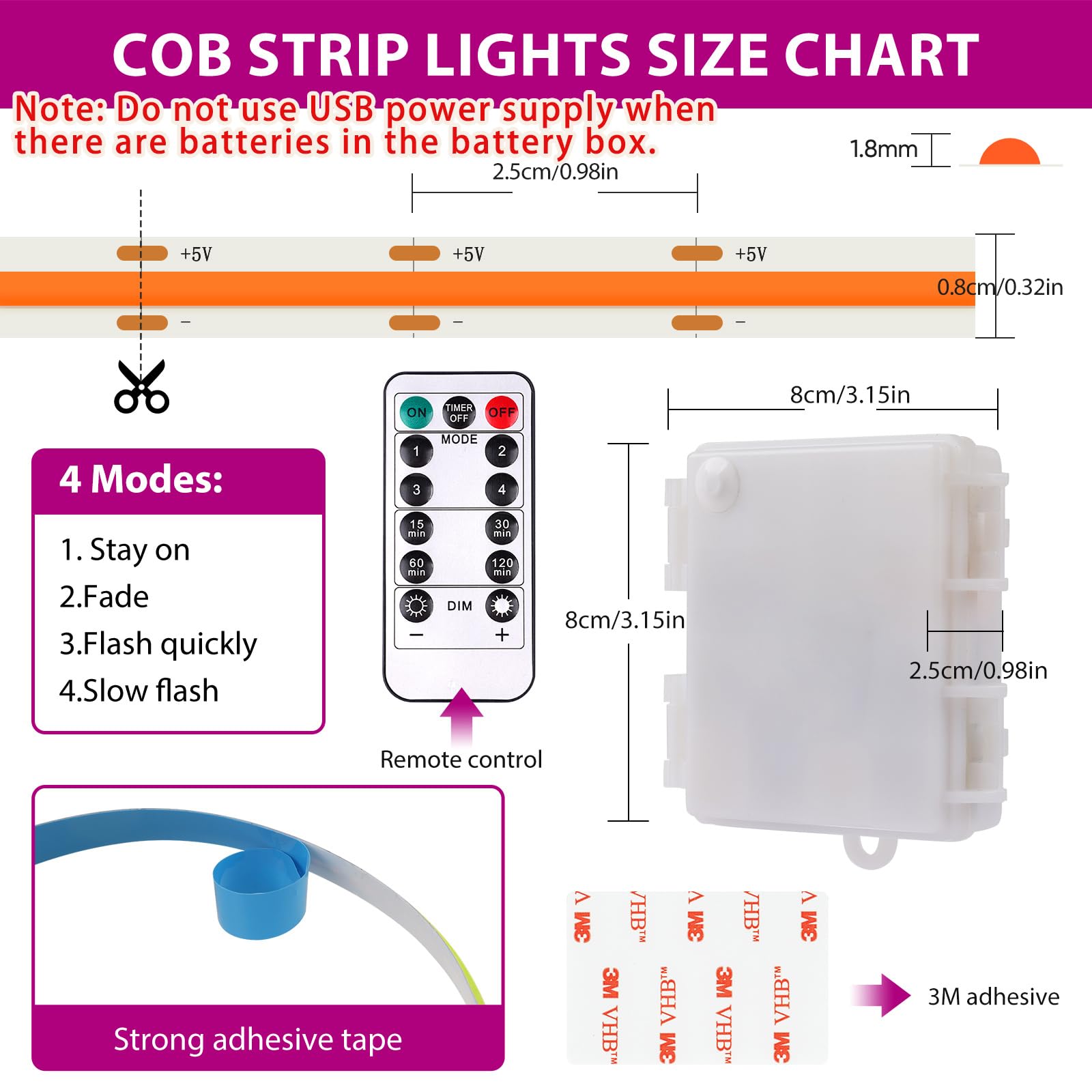 Pink Cob Led Strip Lights Battery Powered With Remote  6.56Ft 640Led Light Strip Dimmable Cuttable Flexible Wireless Led Tape Light For Gifts  Bedroom  Party  Tv Backlight  Home Lighting Decor