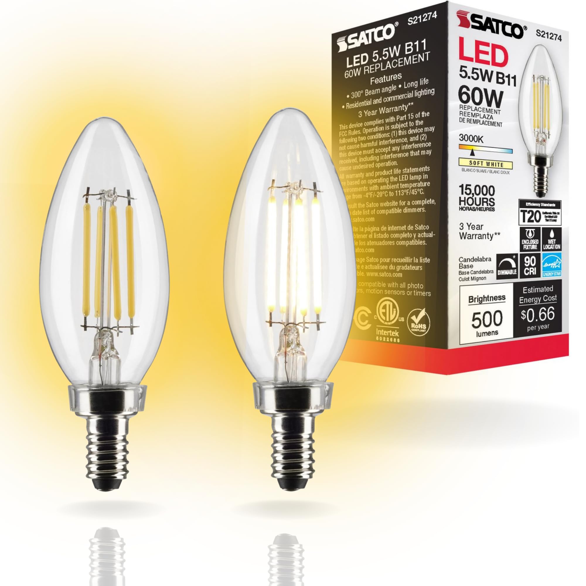 Satco B11 LED Bulb, 5.5 Watt, Warm 3000K, Pack of 2, Glass