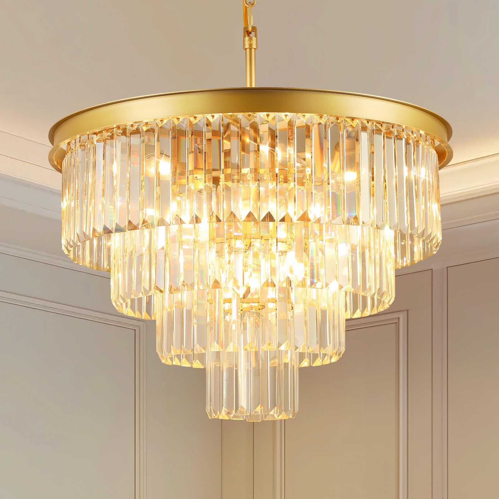 Crystal Chandeliers For Dining Room Lights Fixture Over Table  15 Lights Gold Modern Chandeliers For Living Room  4-Tier Round Crystal Lighting Fixtures For Bedroom Entryway Kitchen Island D24 Inch