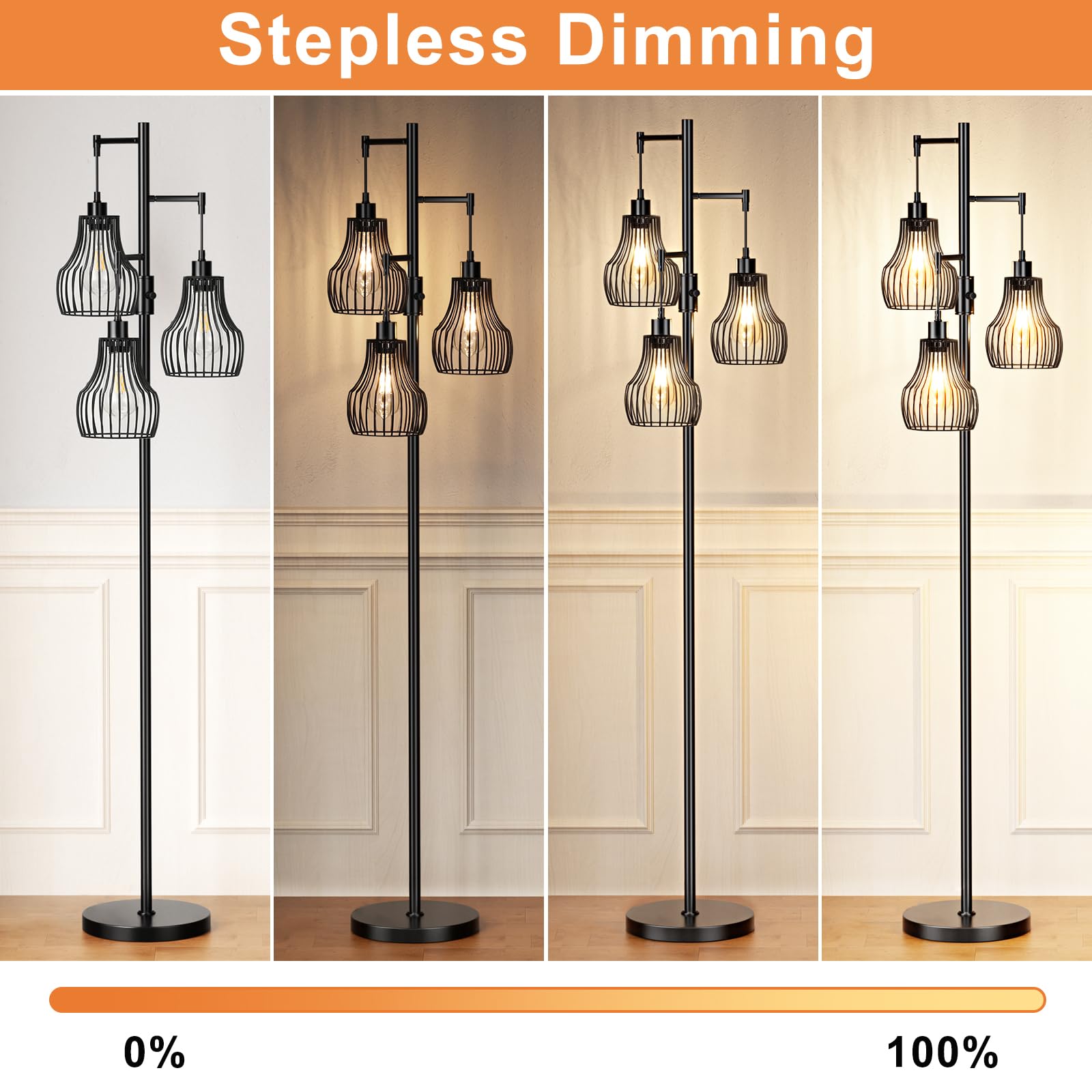Dimmable Floor Lamp, 3 X 800Lm Led Edison Bulbs Included, Farmhouse Industrial Floor Lamp Standing Tree Lamp With Elegant Cage T
