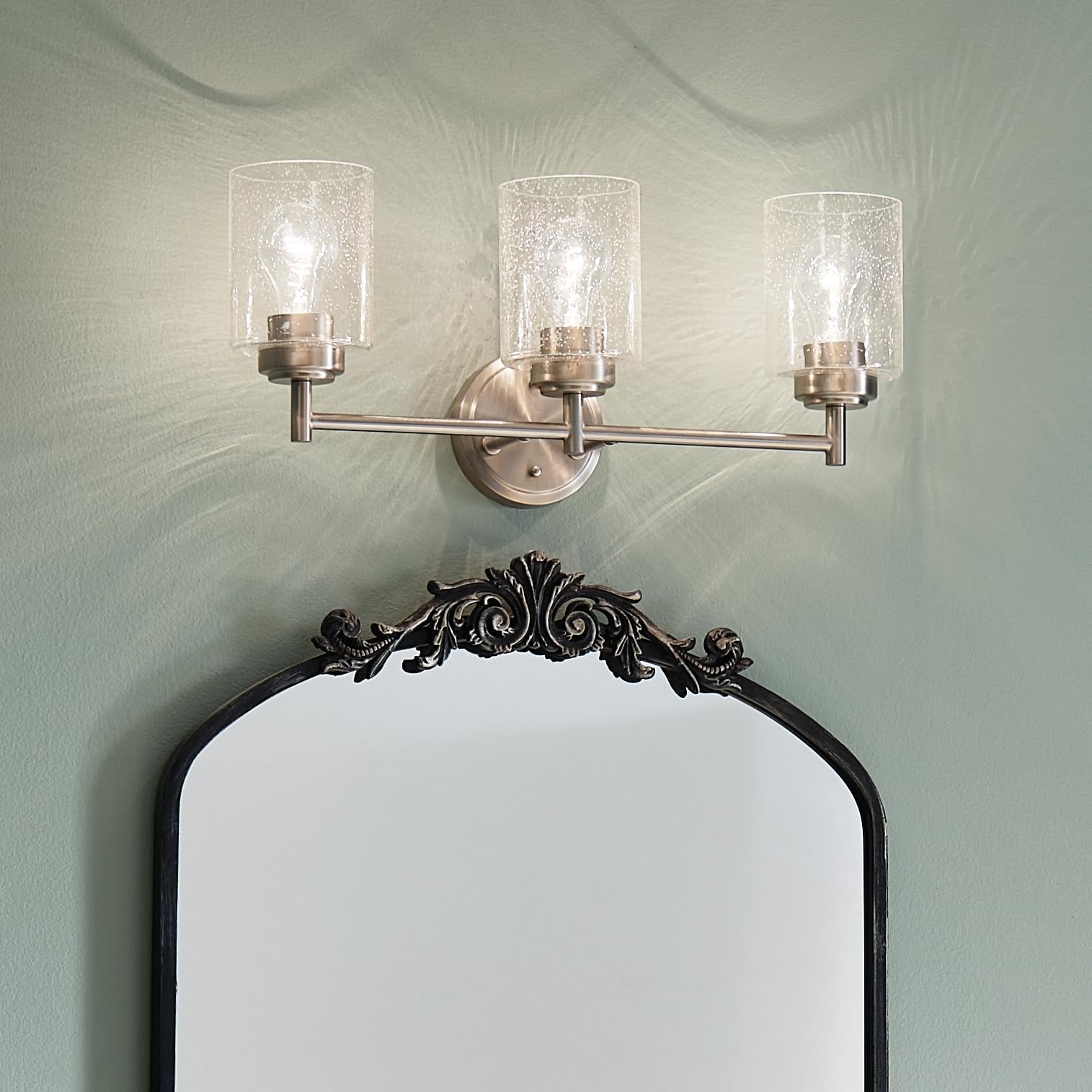 Kichler Vanity Light 3-Light Brushed Nickel 21.5in Width Clear Seeded Glass Model 45886NI