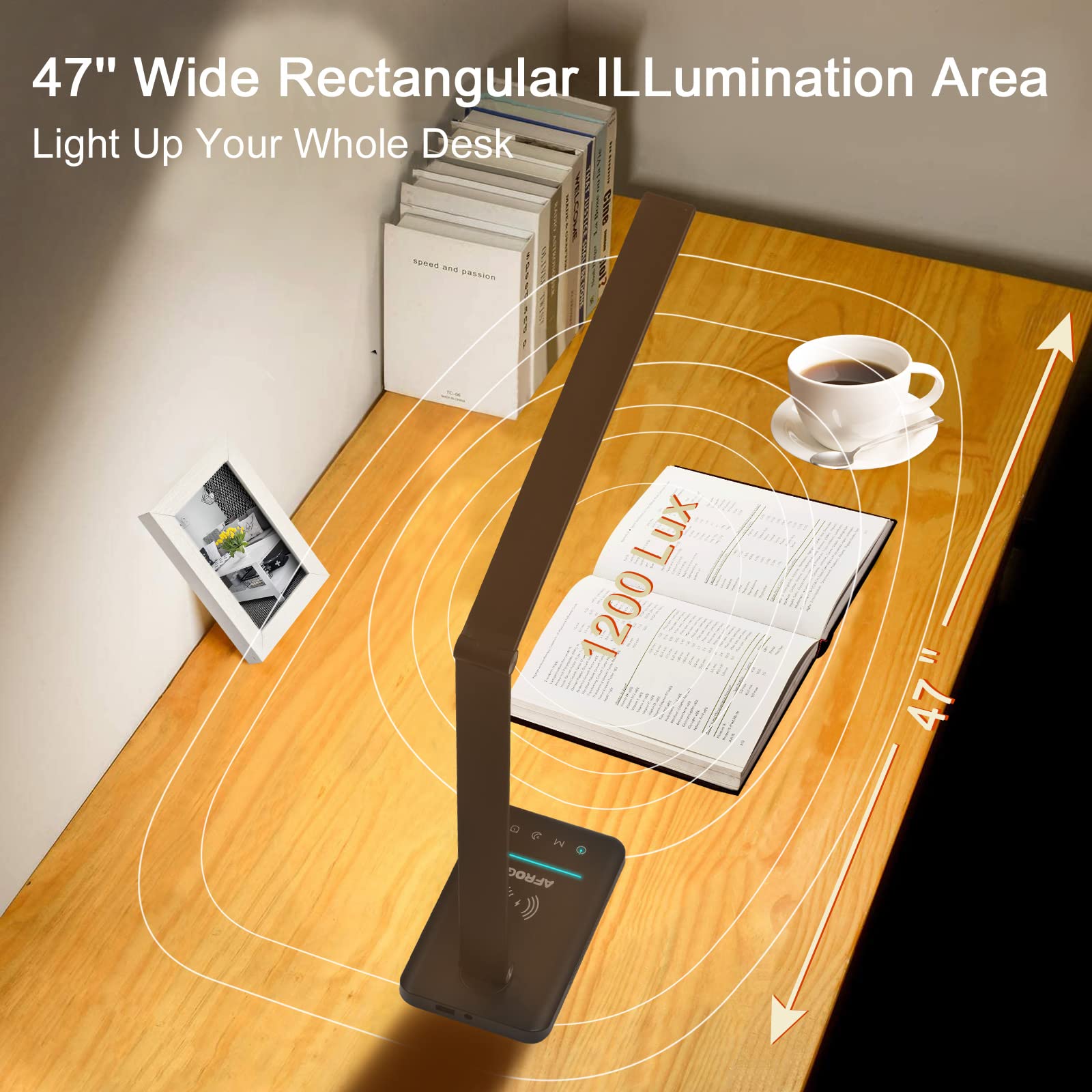 AFROG 8-in-1 LED Desk Lamp, 10W Wireless Charger, USB Port, 1200Lux, 5 Modes, Black Pro 3.0, Model EK009A