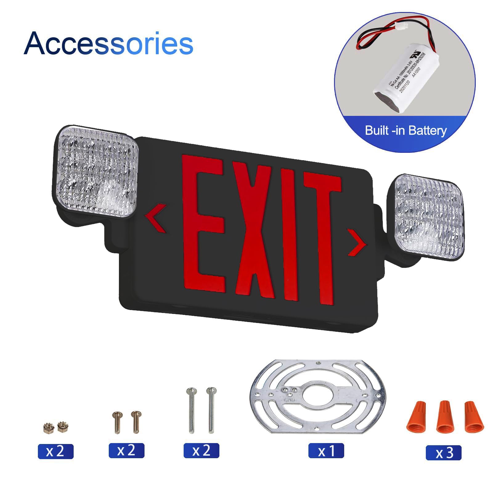 CM MZY Exit Sign Combo with Emergency Light, 2 Pack, Black/Red, UL Certified, Battery Backup, AC 120/277V, Model CM-327RE-S-BK