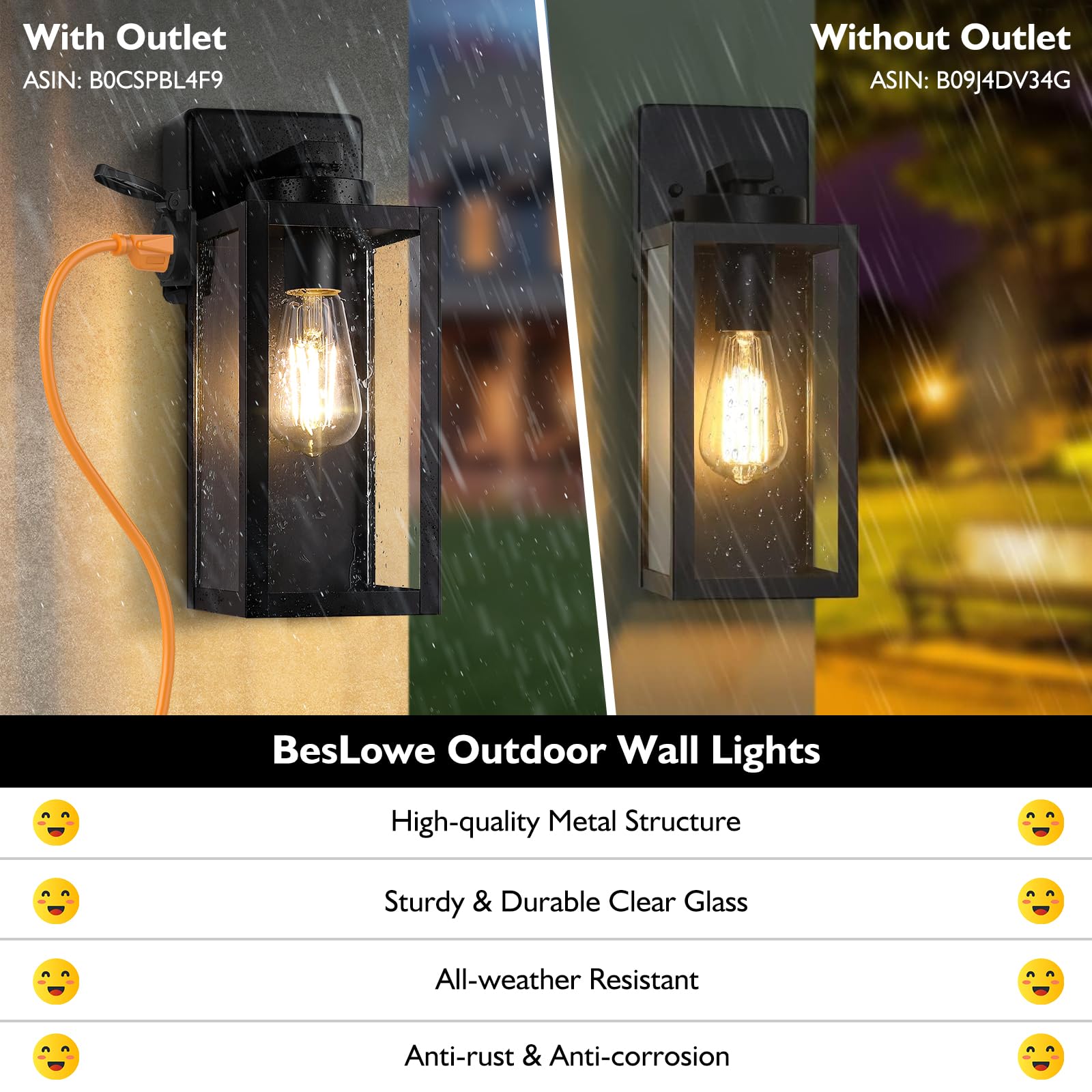 Beslowe Black 2-Pack Outdoor Porch Lights With Ul Outlet, Waterproof Wall Sconces For Front Door
