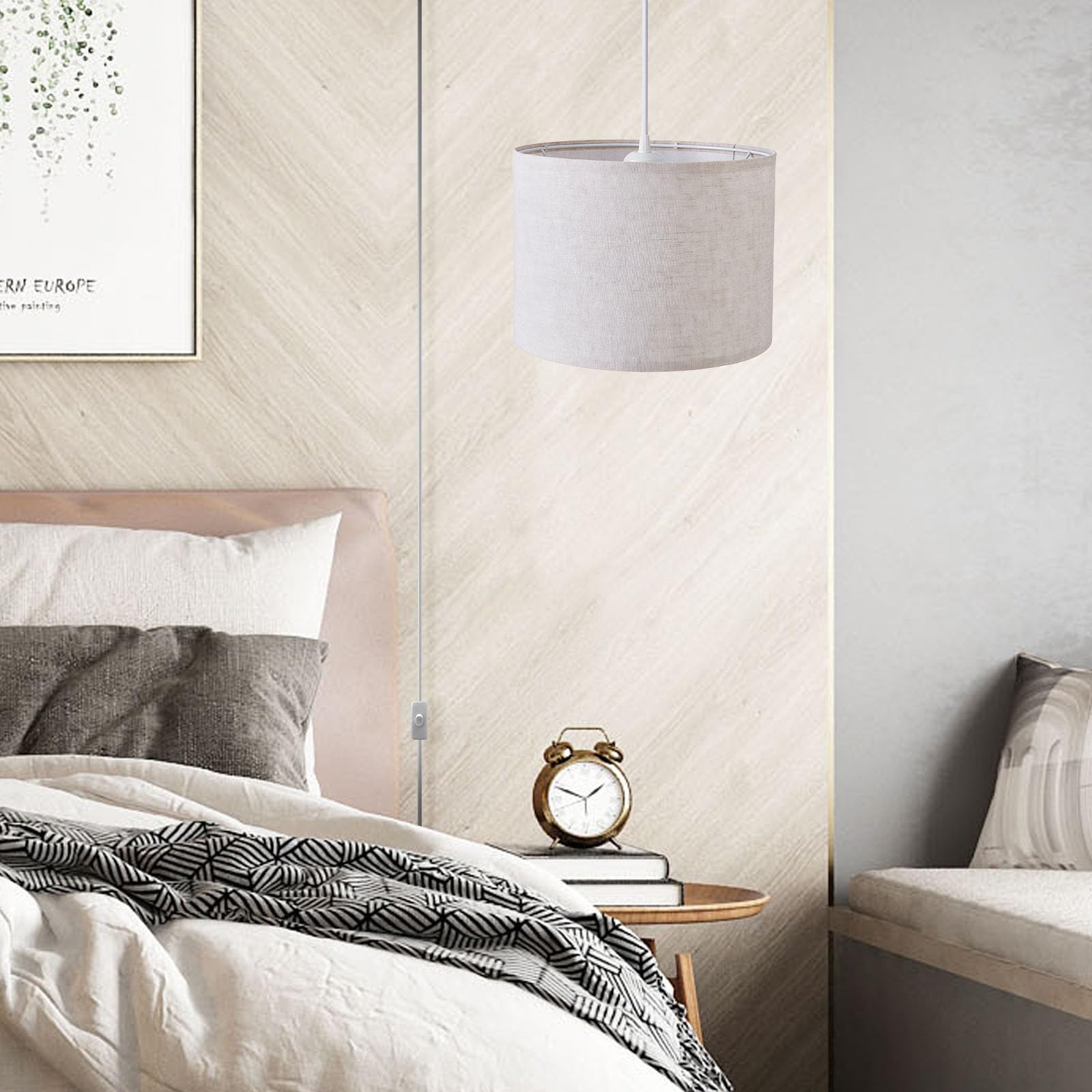 KUAUGST Plug in Pendant Light, 15 FT Cord with On/Off Switch, Beige Linen Fabric Shade, Model Plug in Pendant Light-07