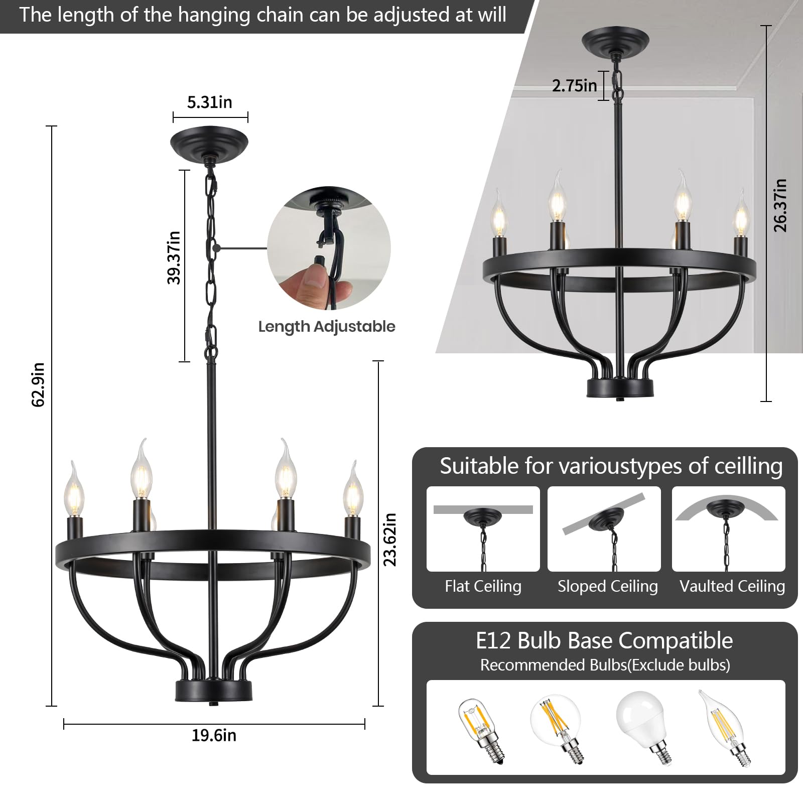 Black Dining Room Light Fixture, 6-Light Black Chandeliers For Dining Room Farmhouse Wagon Wheel Chandeliers, Adjustable Height
