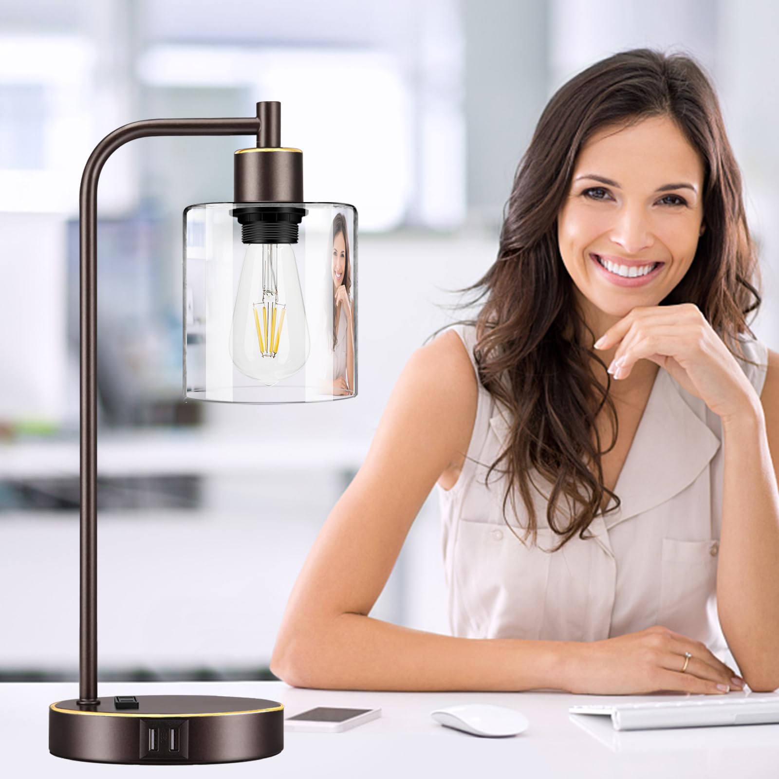 Industrial Touch Table Lamps Set Of 2 - Bedside Lamps With 2 Usb Ports & Ac Outlet, 3-Way Dimmable Nightstand Desk Lamp For Bedr