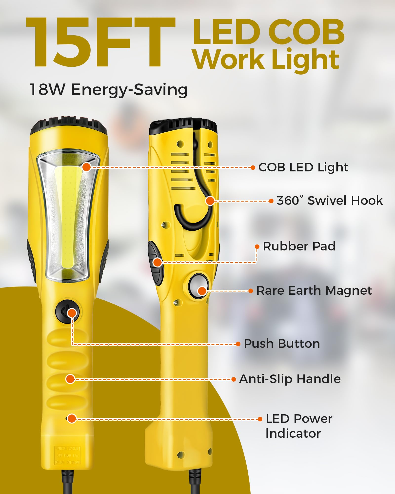 Wilawels 18W Led Work Light, 15Ft 2000Lm Cob Led Light, Handheld Underhood Trouble Light With Cord 16 Gauge Sjtw, Swivel Hook, For Garage, Workshop, Car Repair Scene, Etl Listed, Yellow Y03Wl06