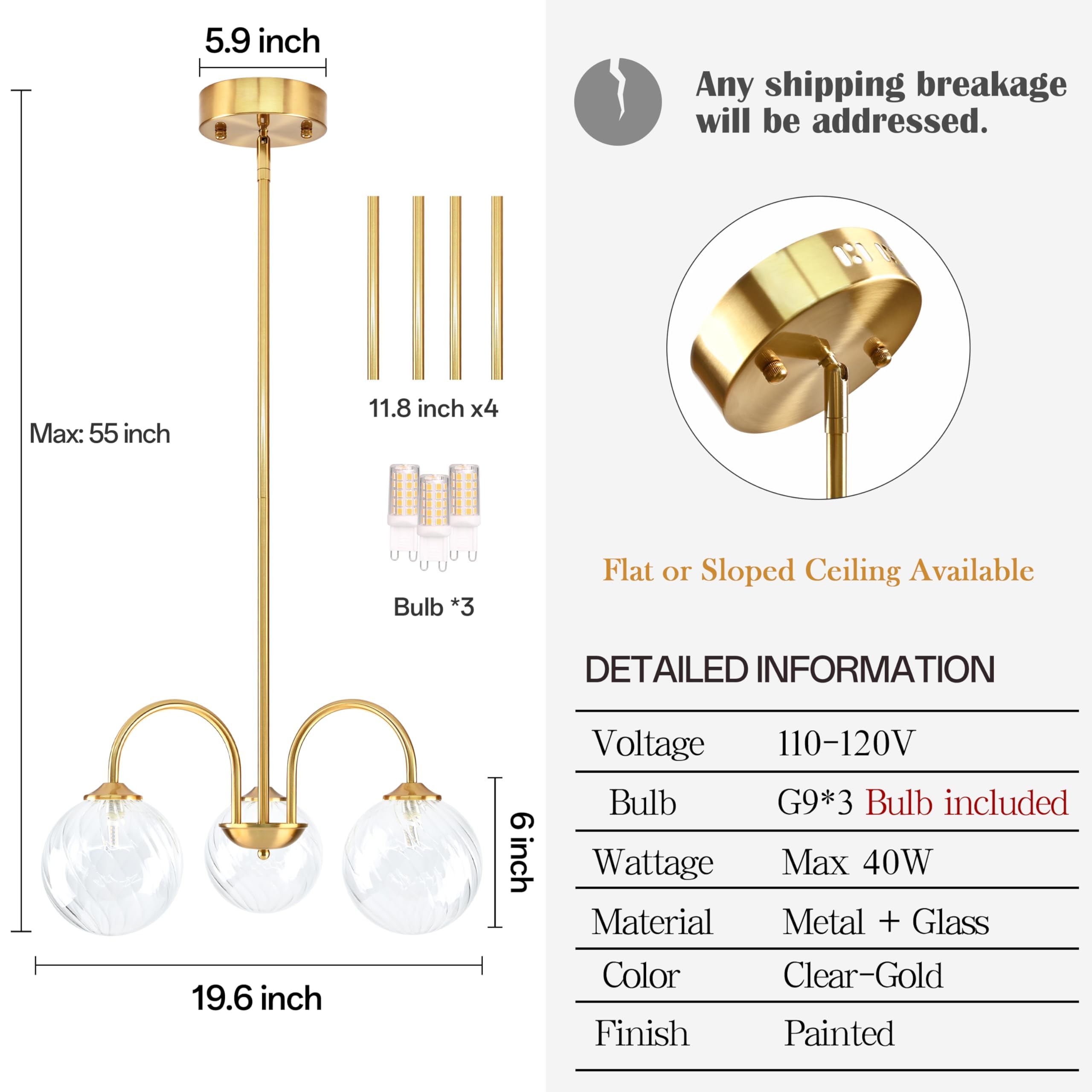 Bagood 3 Lights Globe Pendant Light Gold Sputnik Chandeliers 19.6    Modern Sputnik Chandelier With Clear Glass Globe Shade Dimm