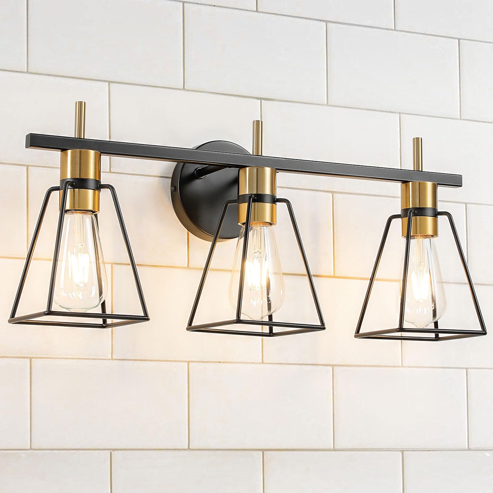 Hahzt Industrial Bathroom Vanity Lights: 3-Light Black And Gold Vintage Metal Cage Wall Sconce - Rustic Farmhouse Wall Light Fixture Over Mirror Cabinet For Bedroom Living Room