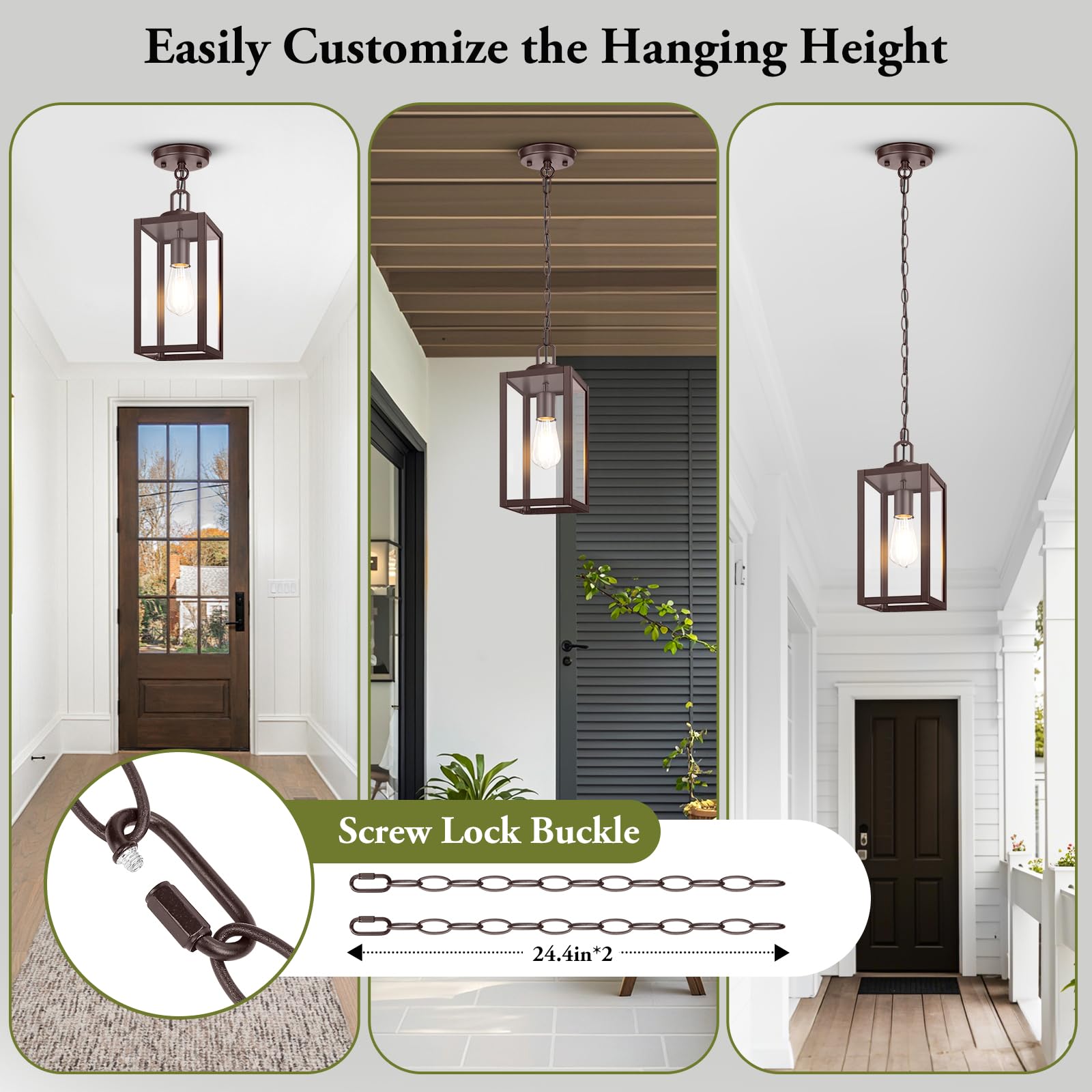 BesLowe 1-Pack 13” Outdoor Pendant Light, Brown Metal Hanging Lantern, Adjustable Chain, Modern Chandelier for Porch and Gazebo