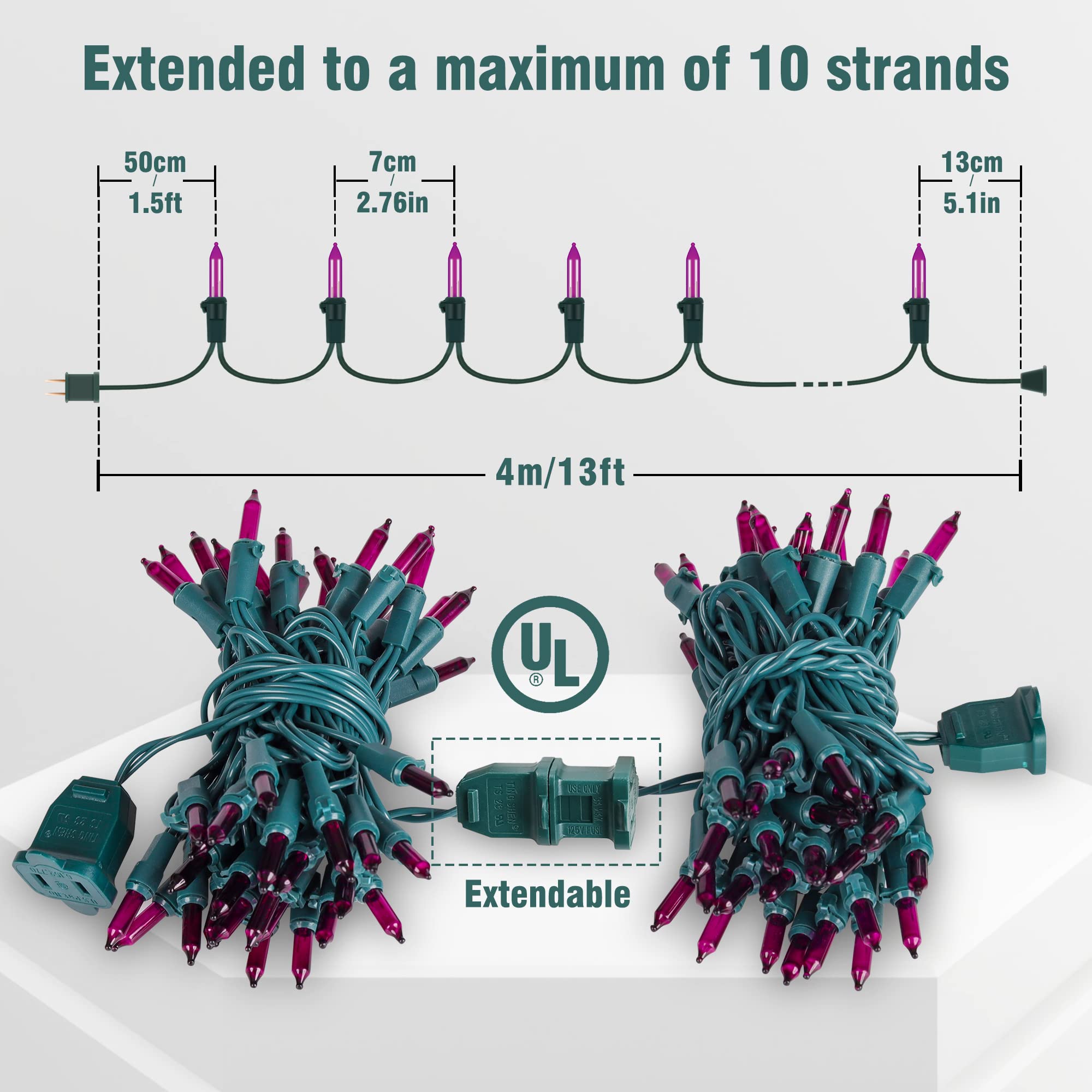 hopolon Mini String Lights, 50 Count, 2 Pack, 13FT Connectable, Purple, Green Wire, Model QX-50-1-M, Indoor/Outdoor Decor