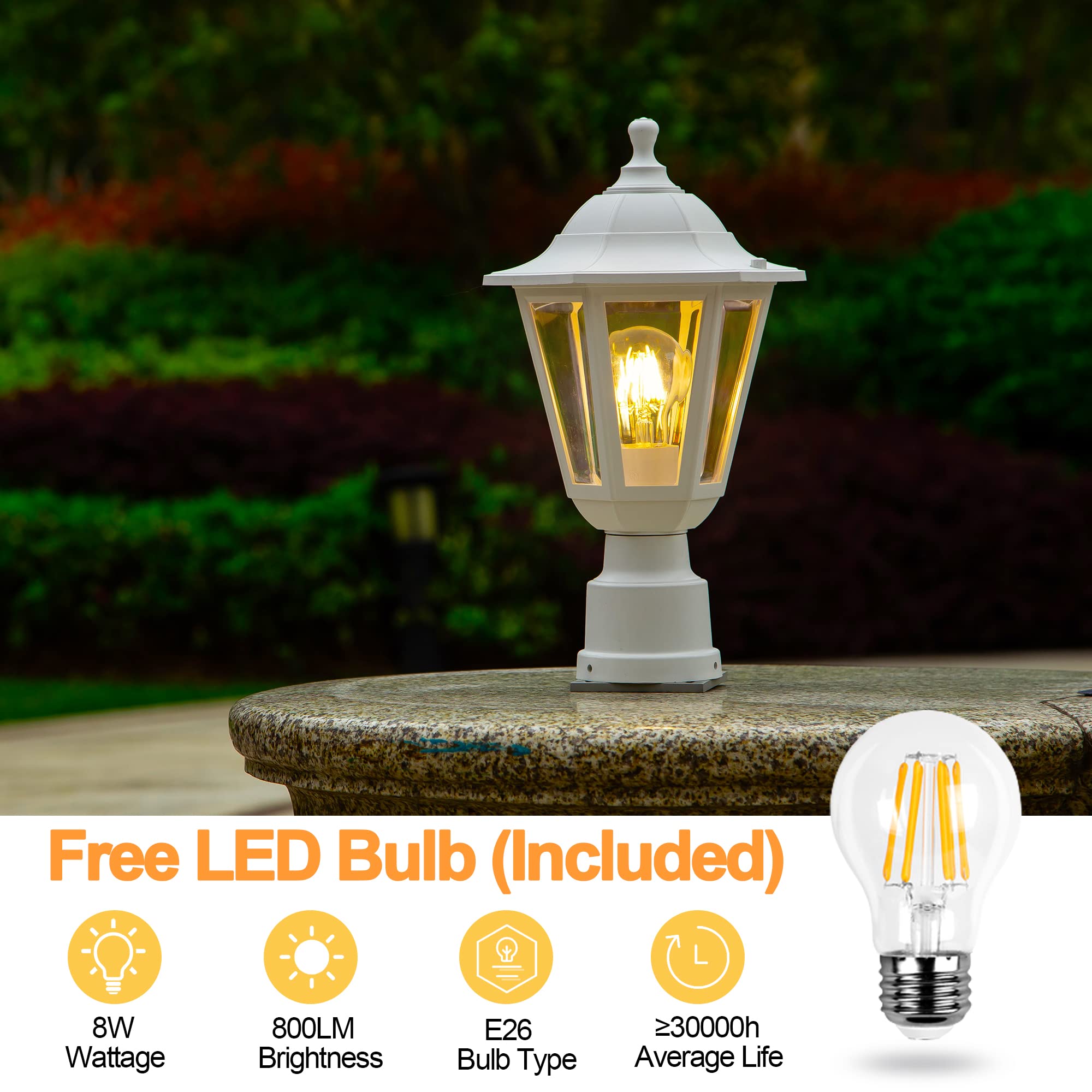 FUDESY Outdoor Post Light Fixture, Waterproof Plastic Lamp with E26 Socket, Model FDS6163W1, White, Pier Mount Base for Garden and Patio