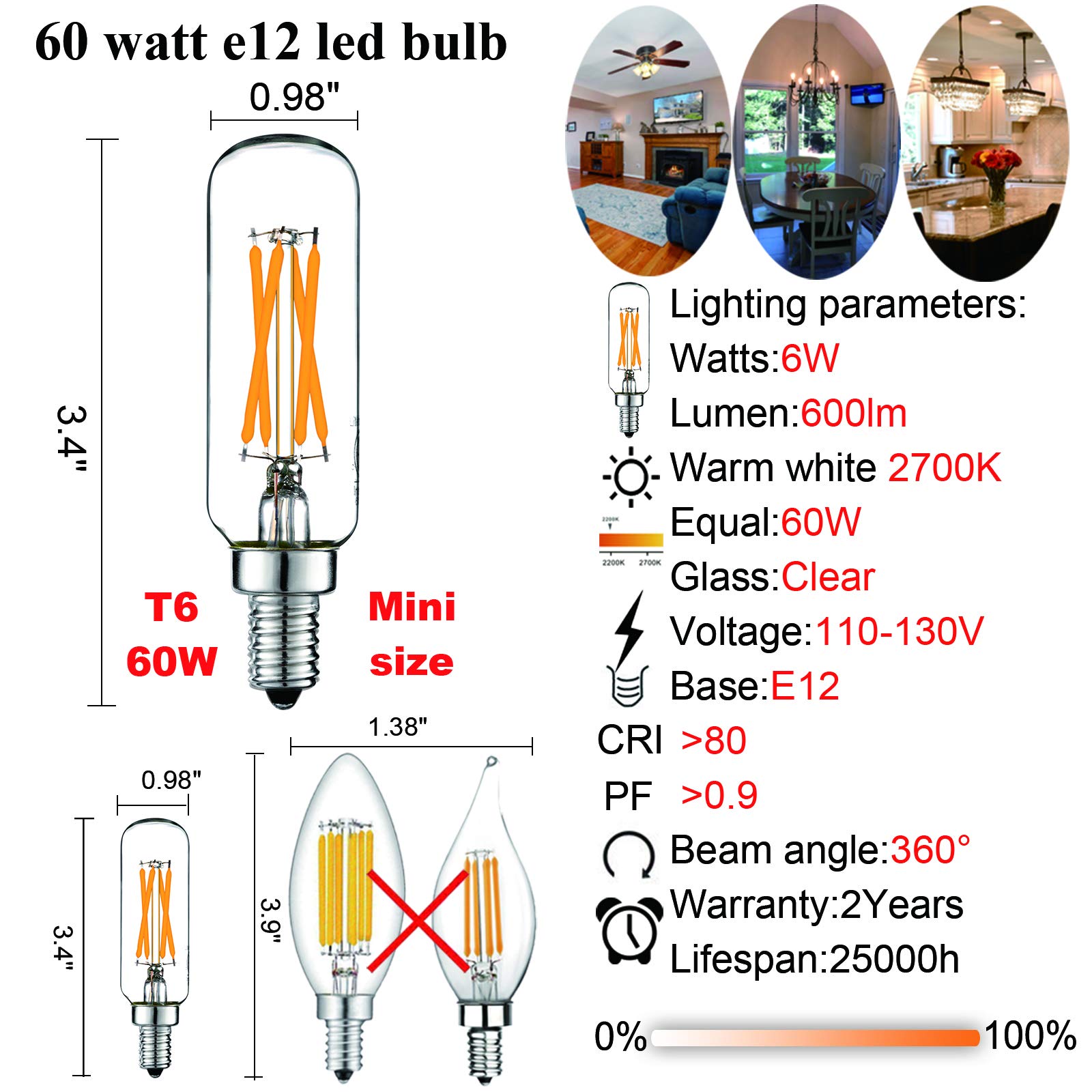LiteHistory Dimmable E12 LED Bulb 6W 2700K Warm White T6 12Pack Glass Candelabra Bulbs for Chandeliers and Ceiling Fans