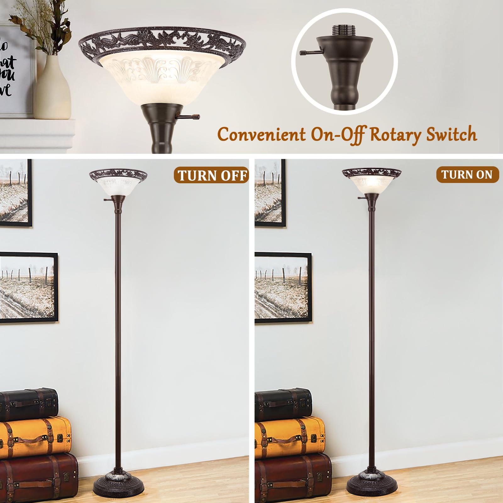 Luvkczc Torchiere Floor Lamp - 70" Victorian Design with Etched Glass Shade, Red Brown Finish, Ideal for Living Room or Bedroom