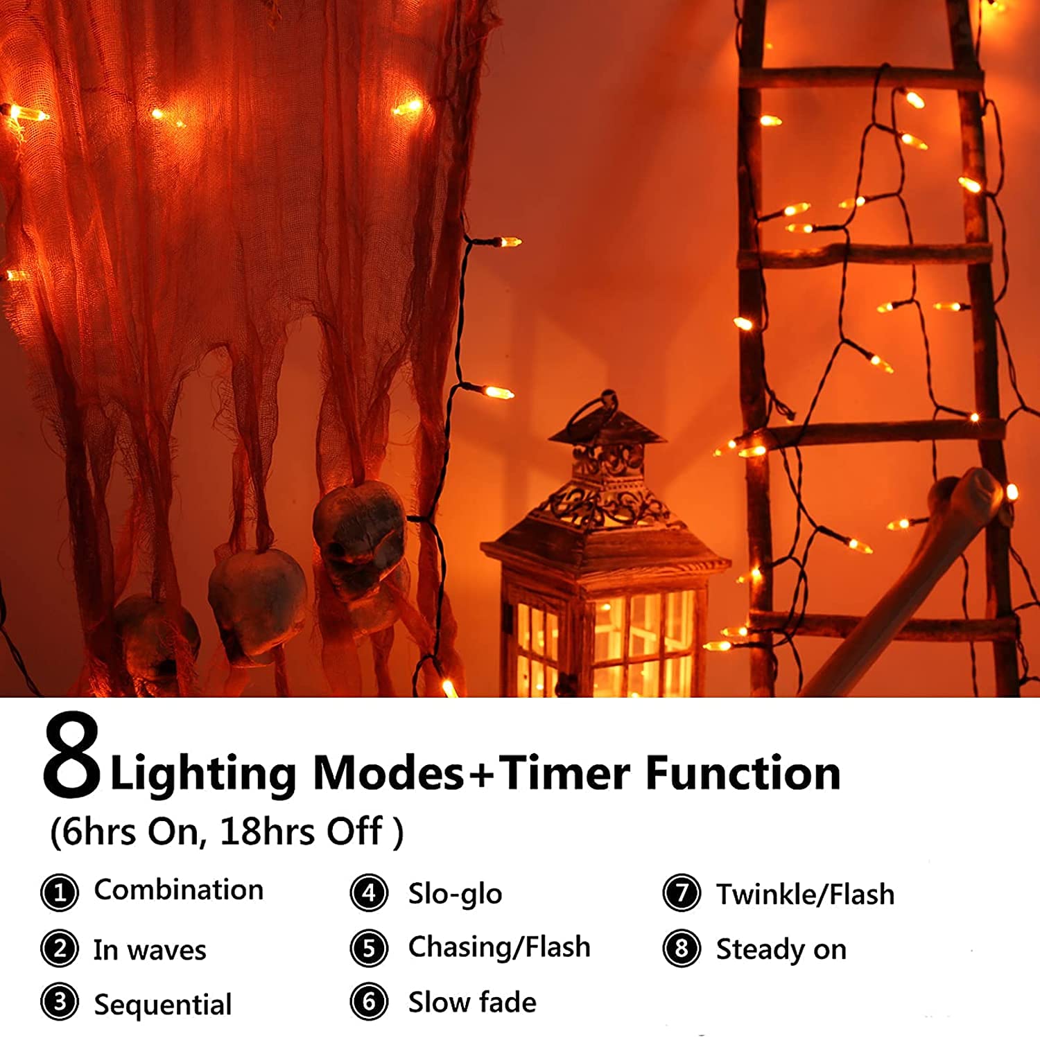 Joomer 33ft Orange Halloween Lights, 100 LED Waterproof with 8 Modes & Timer, Battery Operated Copper String Lights