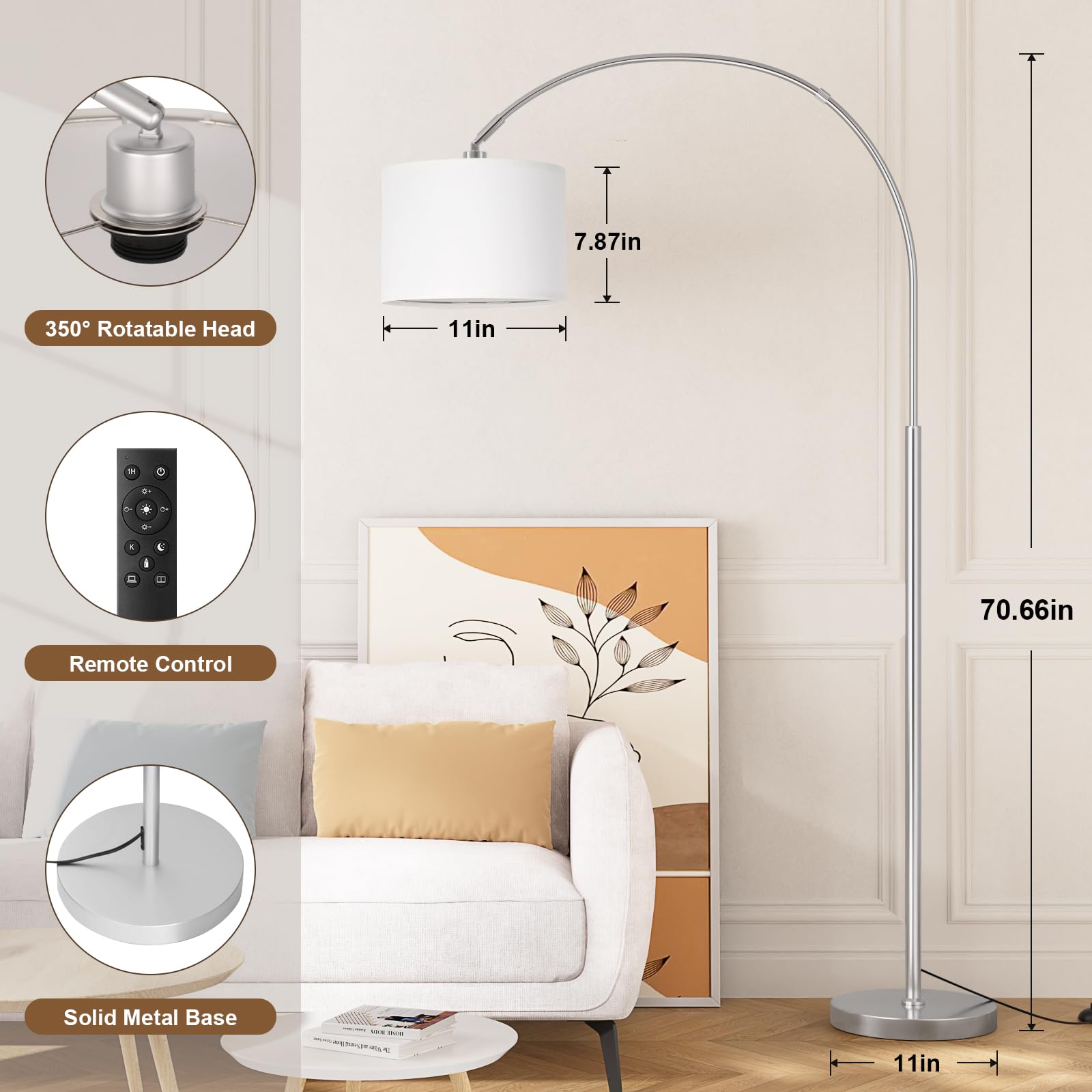 Ambimall 70 Dimmable Arc Floor Lamp with Remote, Color Temperatures and Brightness Adjustable, Arched Floor Lamp with Rotating H
