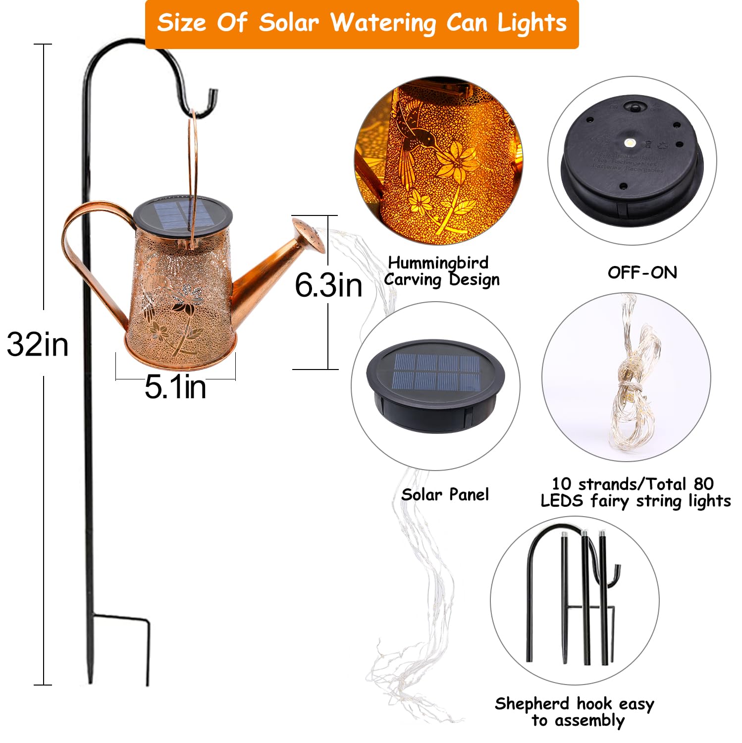 YJFWAL Solar Watering Can Light, Waterproof Hummingbird Lantern, Warm White, Metal, Hummingbird-1pack, Model FN-01