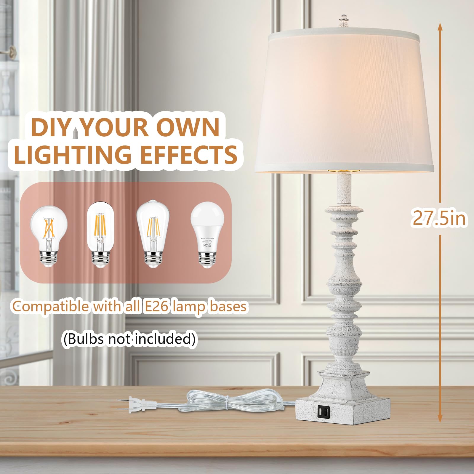 Gobright 27.5&quot; Farmhouse Table Lamps Set Of 2, Rustic Usb Charging Bedside Lamps, Cream White