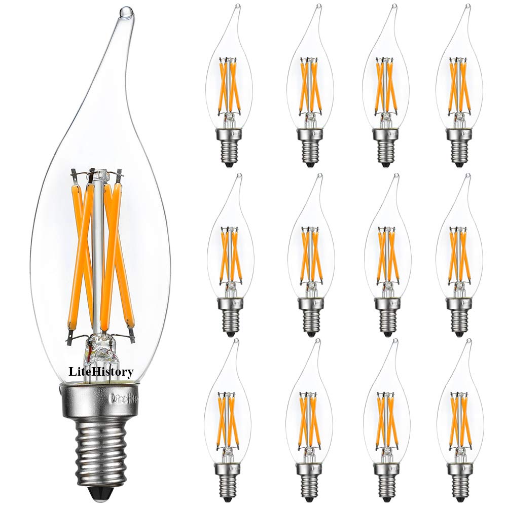 LiteHistory E12 Dimmable LED Bulbs 6W, 2700K, 600LM, Glass, Flame Tip, 12Pack, Model CA10D-4C27K