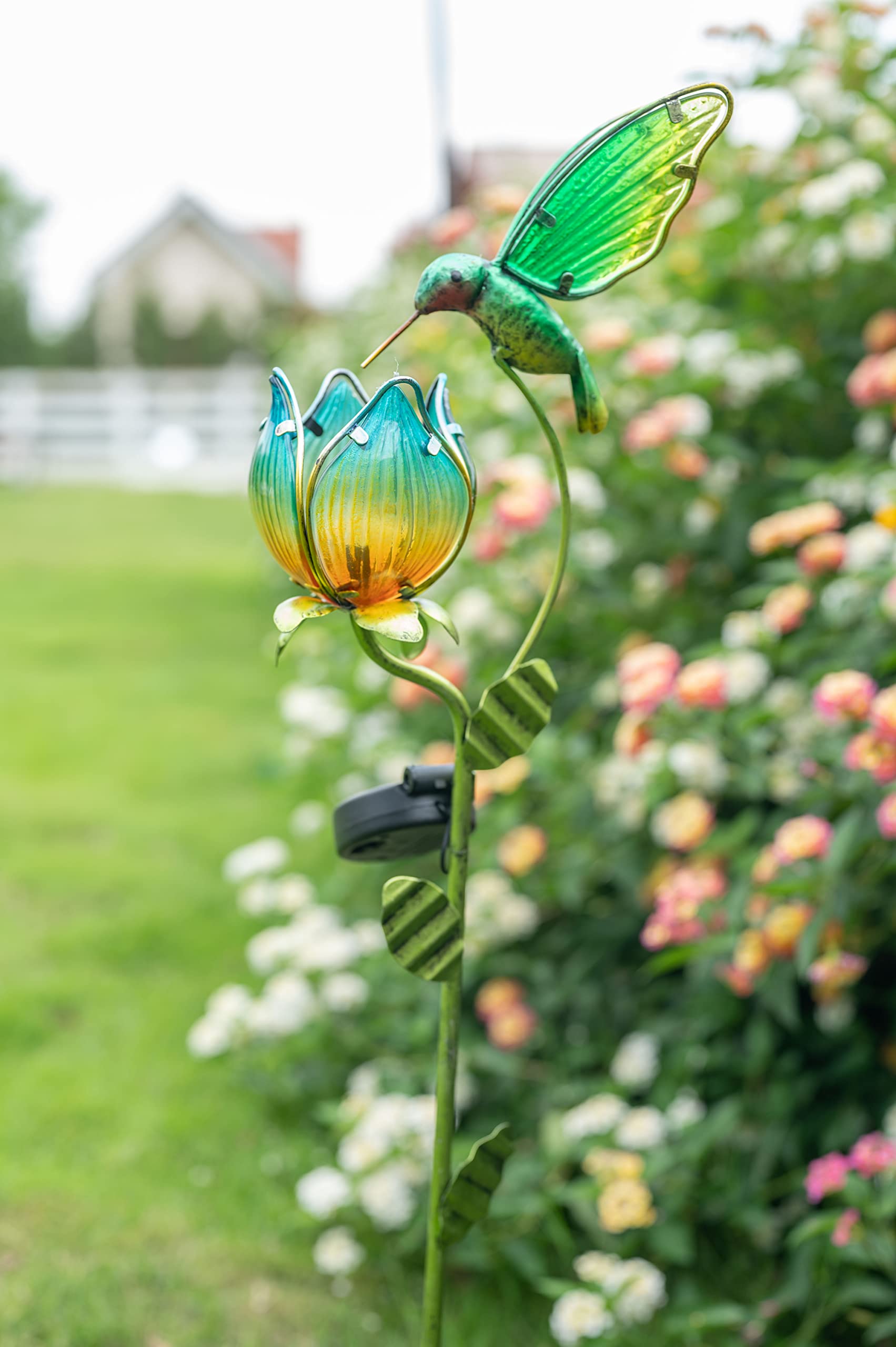 Teresa'S Collections Solar Glass Flower Bird Light, 41'' Metal Tulip & Hummingbird Garden Decor