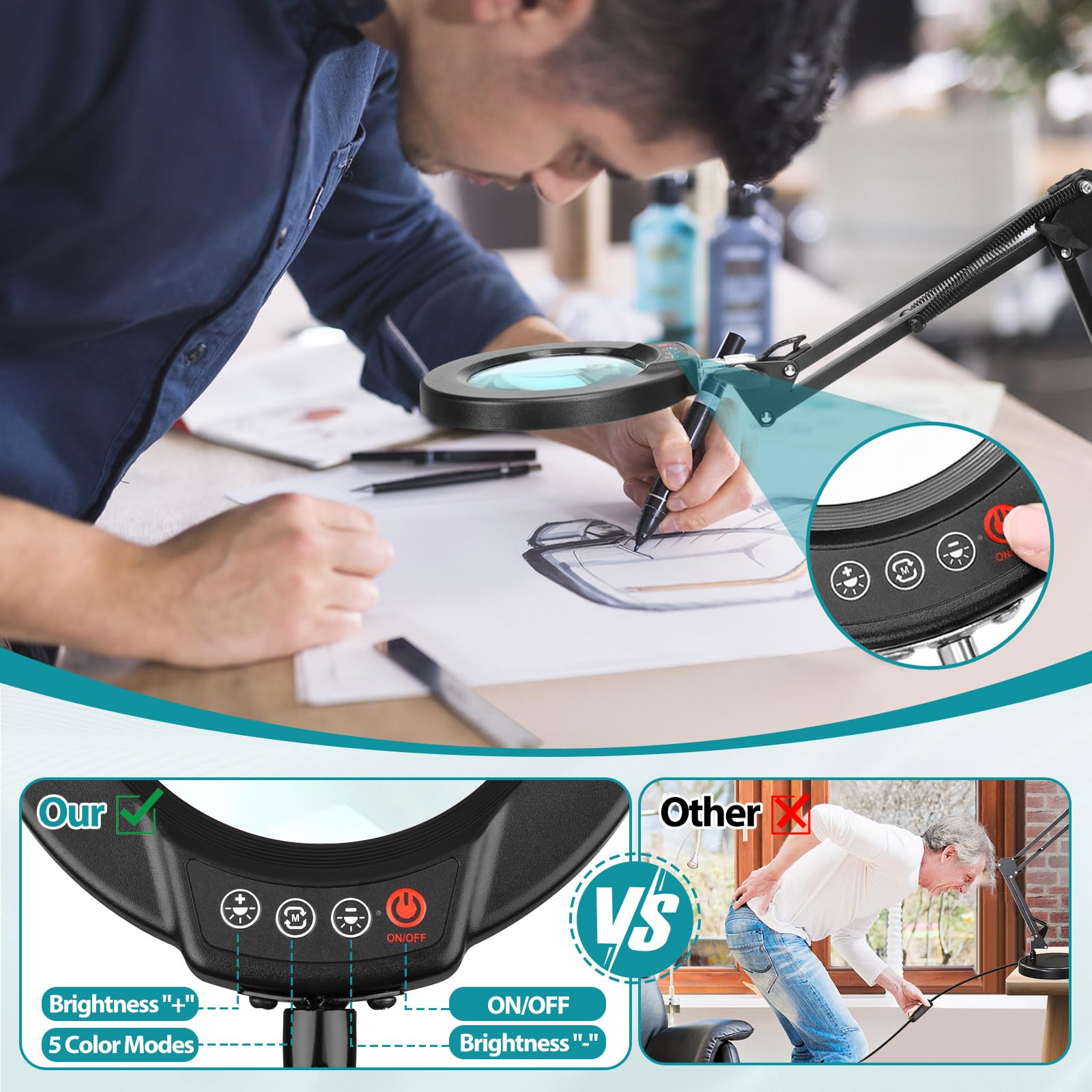 Seylae 2-In-1 Desk Lamp & Clamp Light, 10X Magnifying Glass With Light And Stand, 5 Color Modes, Brightness Stepless Dimmable Le