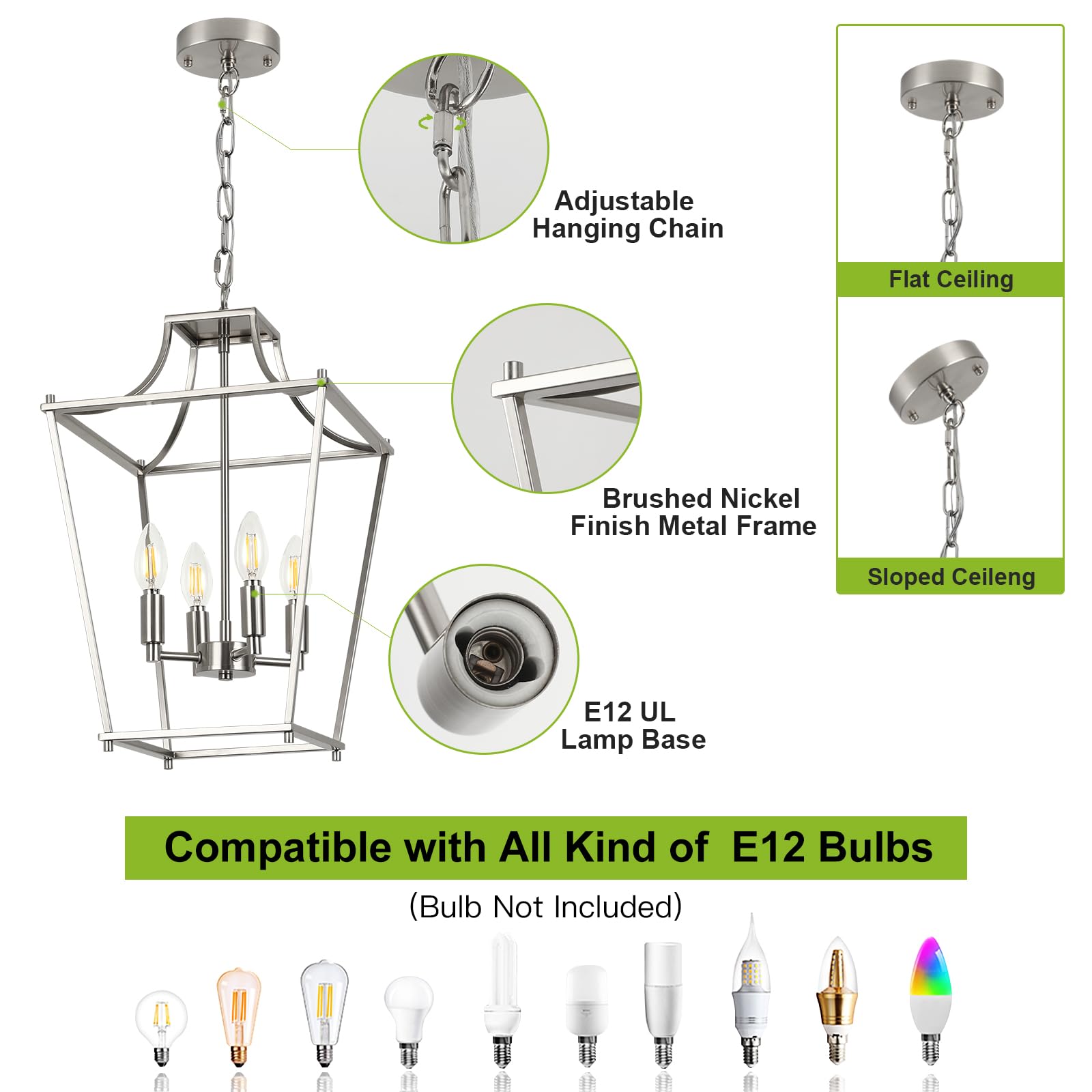 Foucasal Lantern Pendant Lights, 12'' Brushed Nickel Pendant Light Fixtures, 4-Light Adjustable Pendant Lighting For Kitchen Isl