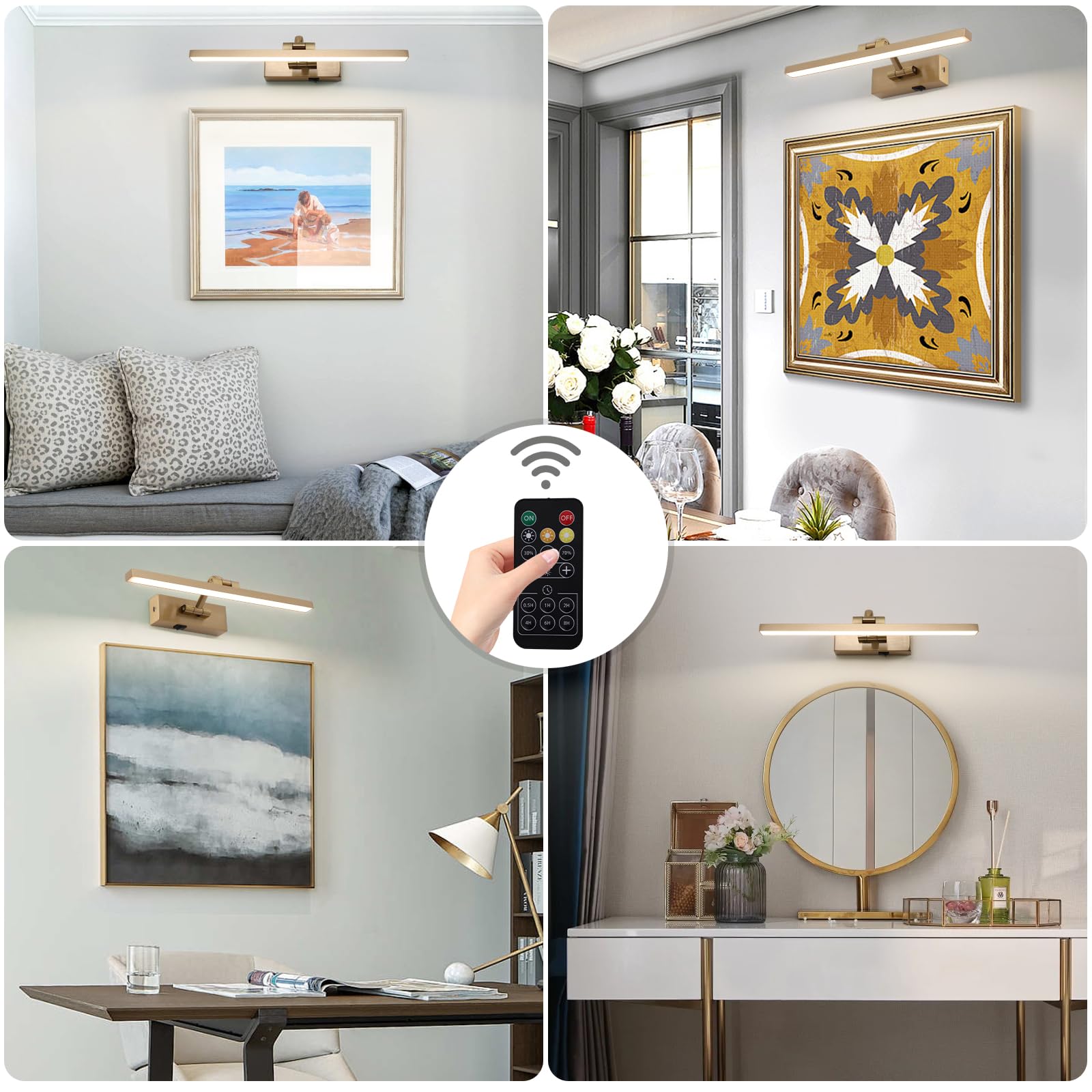 Wireless Picture Lights With Remote And Timer Brass Gallery Lighting Rechargeable Wireless Art Lights 3Cct Dimmable discomfort-reducingting Lights Battery Operated Wall Lights For Portrait Artwork Display 3W 16