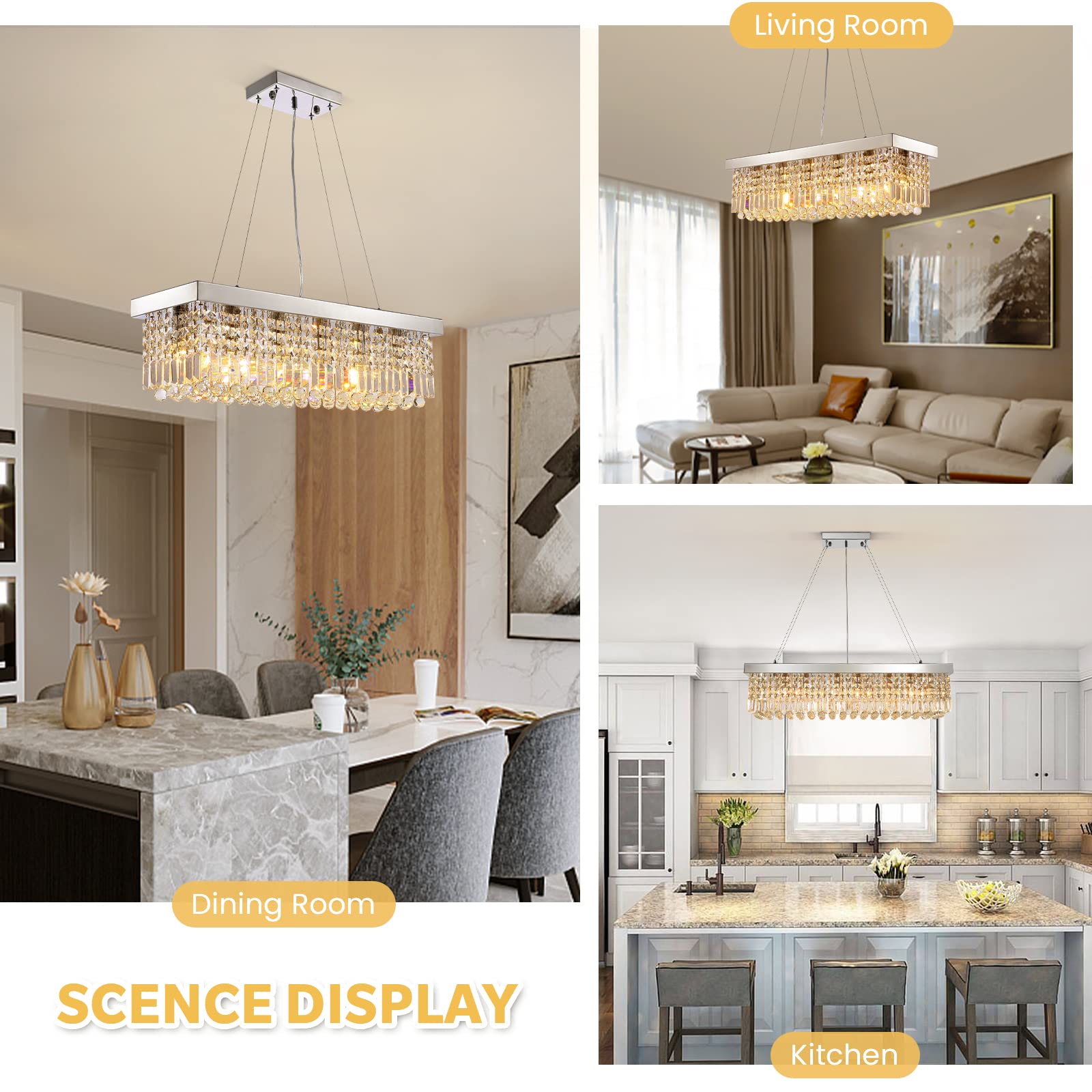 7Pm Modern Rectangle K9 Crystal Chandelier Pendant Light Fixture, Chrome, 31.5X10X10, Ideal For Dining Room & Kitchen Island