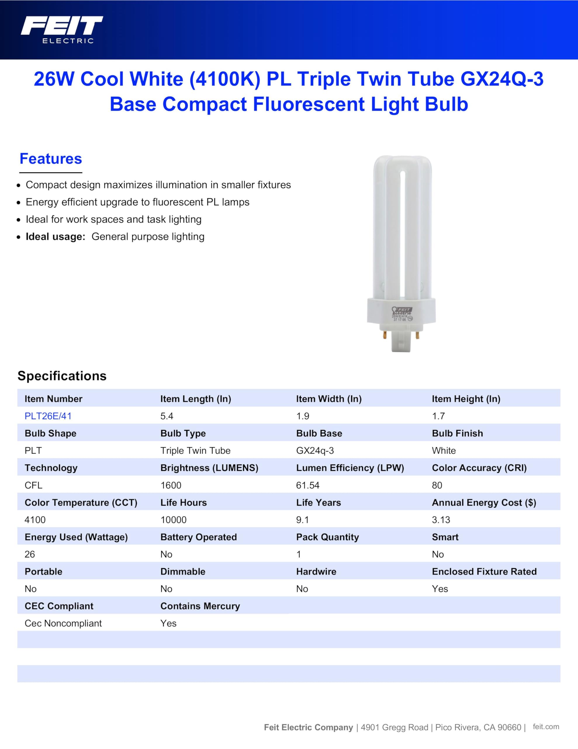 Feit Electric Plt26E/41 26-Watt Fluorescent Pl Bulb