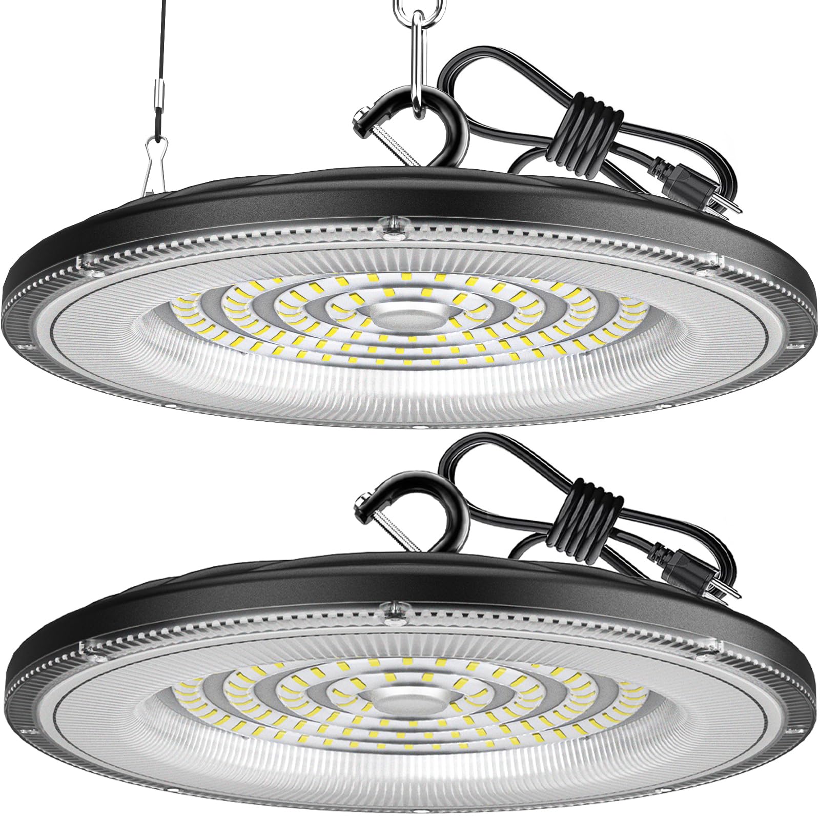 WILLGOTOP 150W 2 Pack UFO LED High Bay Light  22500LM Shop Lights  6500K IP66 Waterproof with US Plug  AC110-275V for Garage  Workshop  Warehouse  Barn  Factory  Industrial  Commercial
